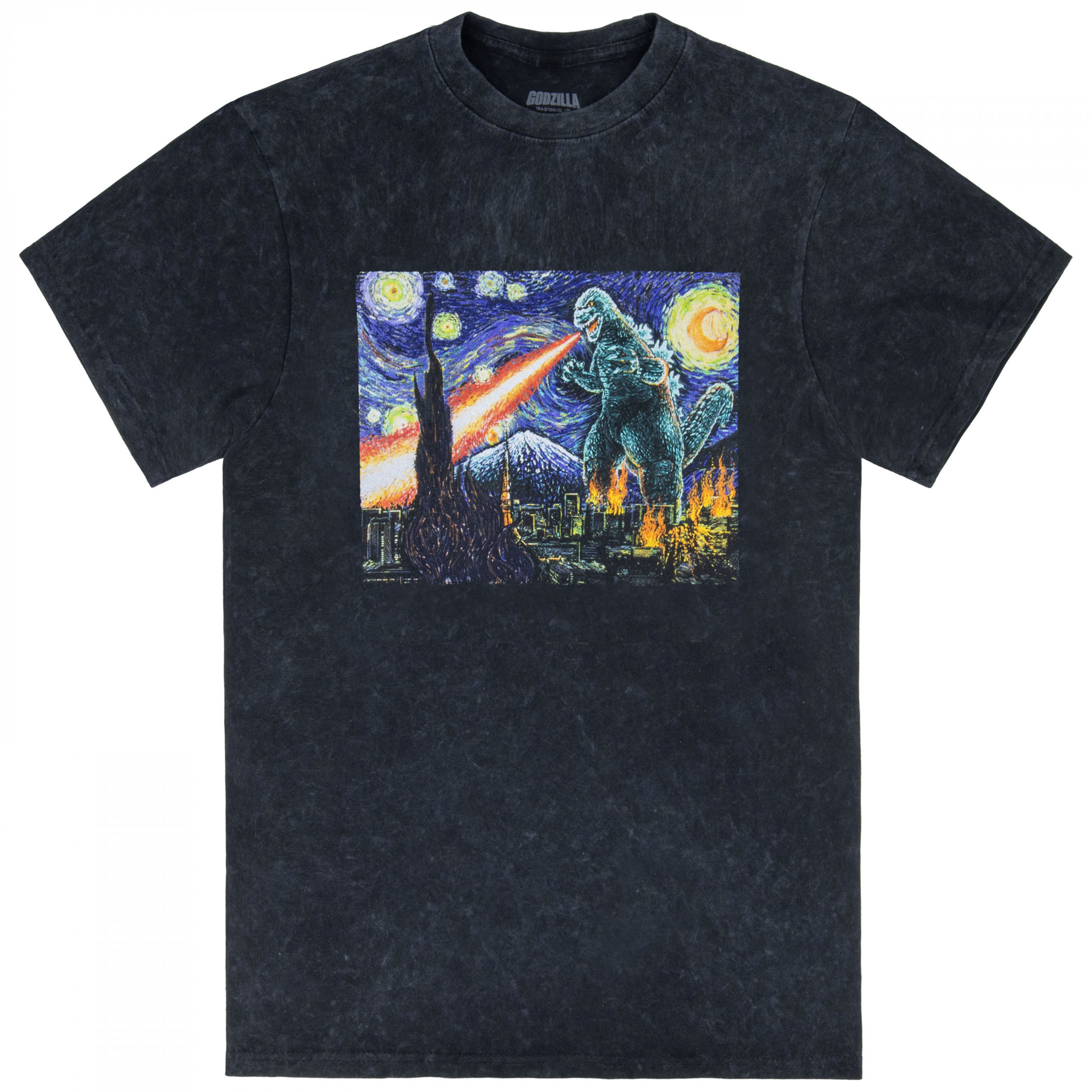 Godzilla On a Starry Night on Fire Heavy Weight Premium T-Shirt, Black