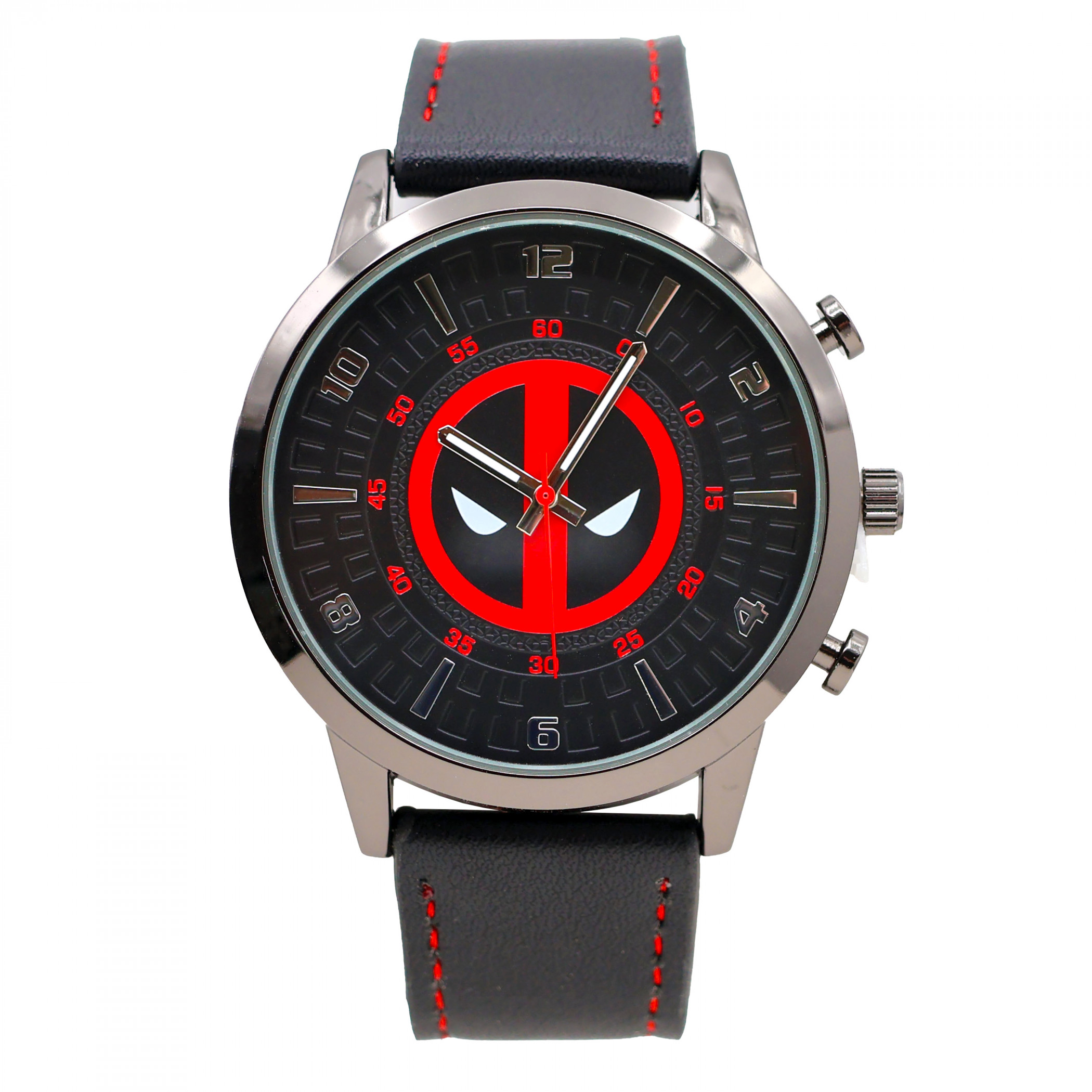Deadpool Mask Logo Analog Watch with Black Band & Red Stitching, Black