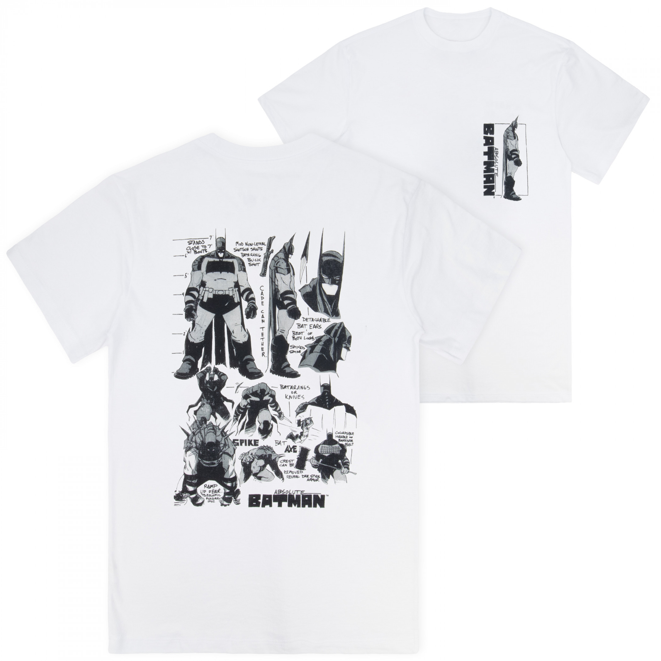 Absolute Batman Sketch Front and Back Print T-Shirt, White