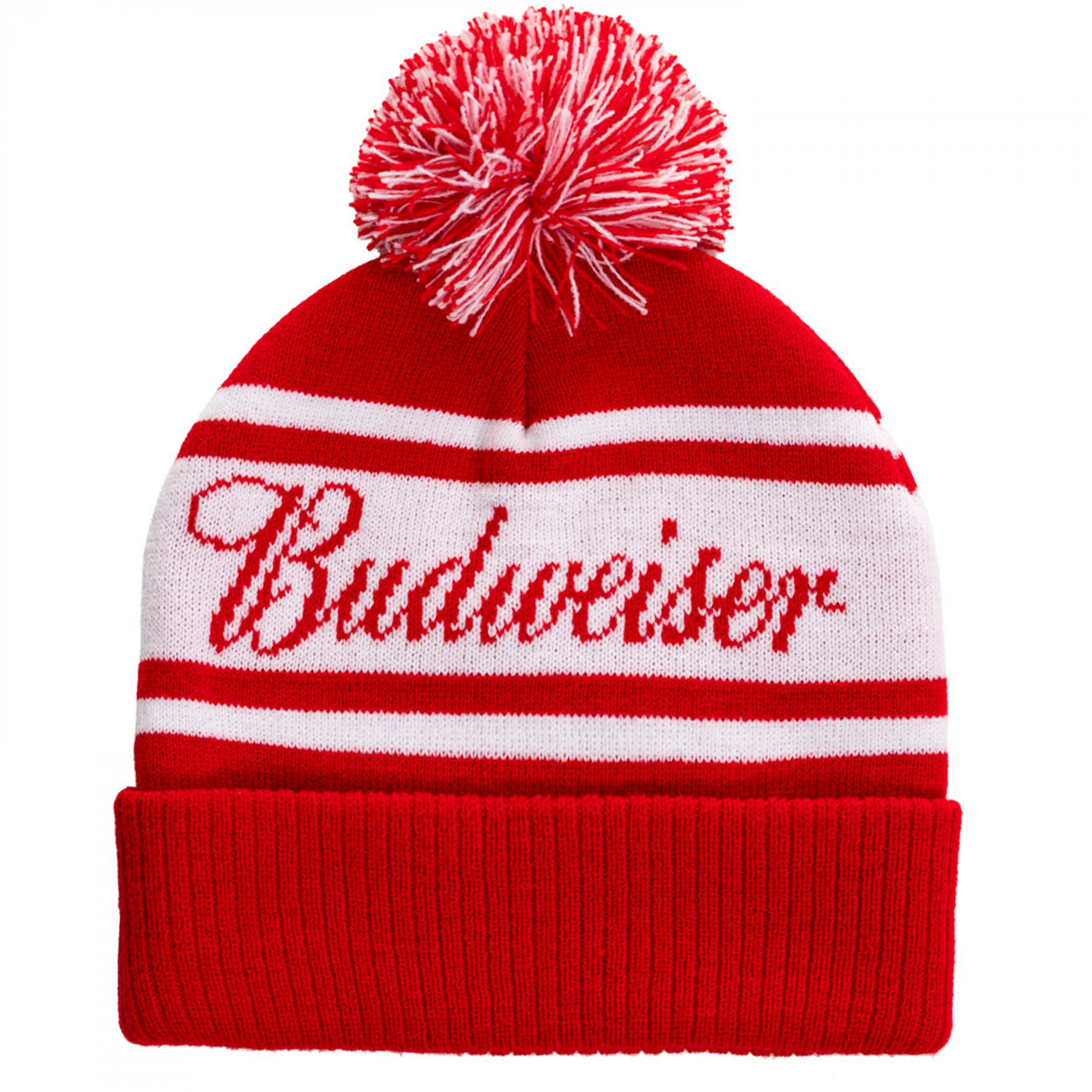 Budweiser White and Red Striped Jacquard Cuff Pom Beanie