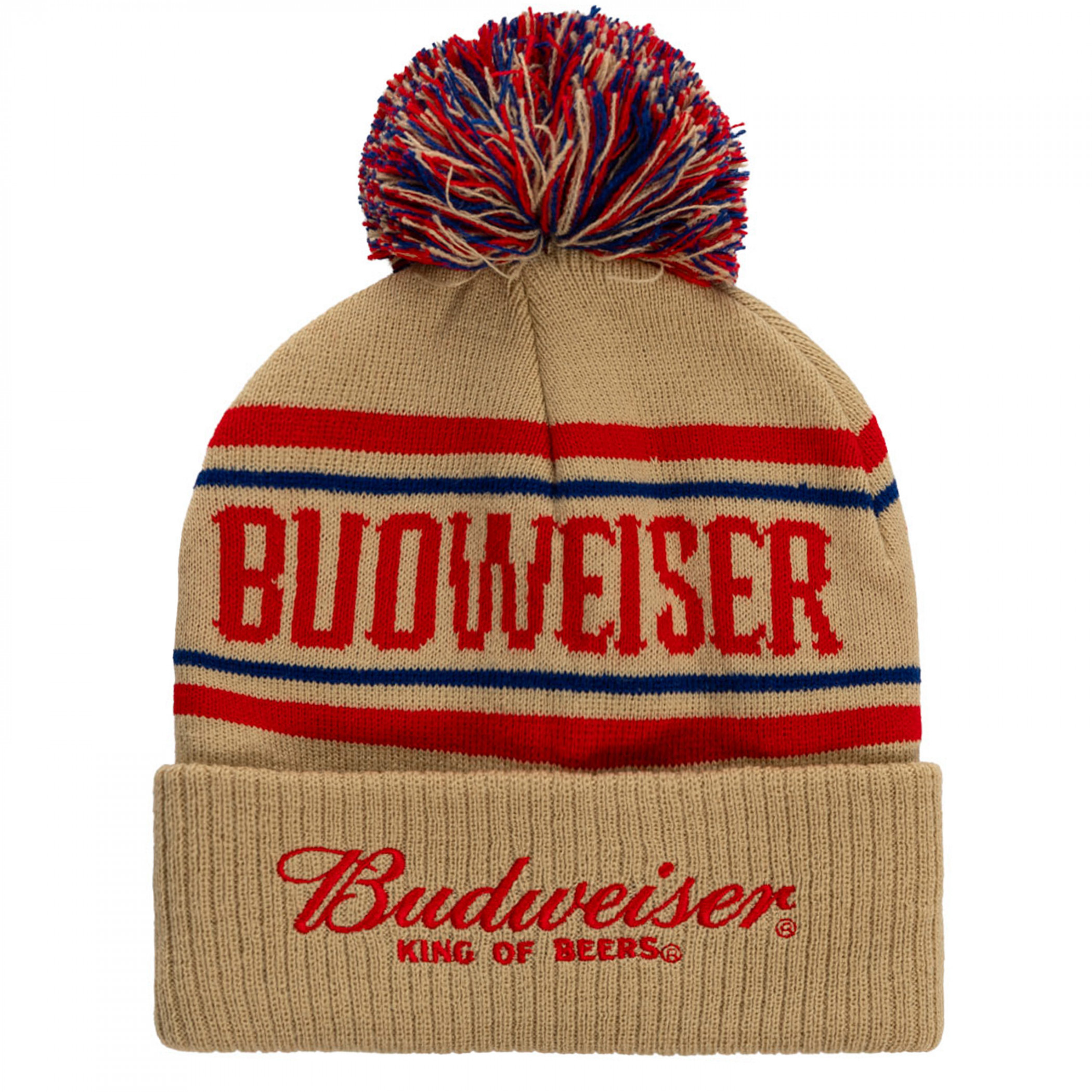 Budweiser Beige and Red Stripe Jacquard Cuff Pom Beanie