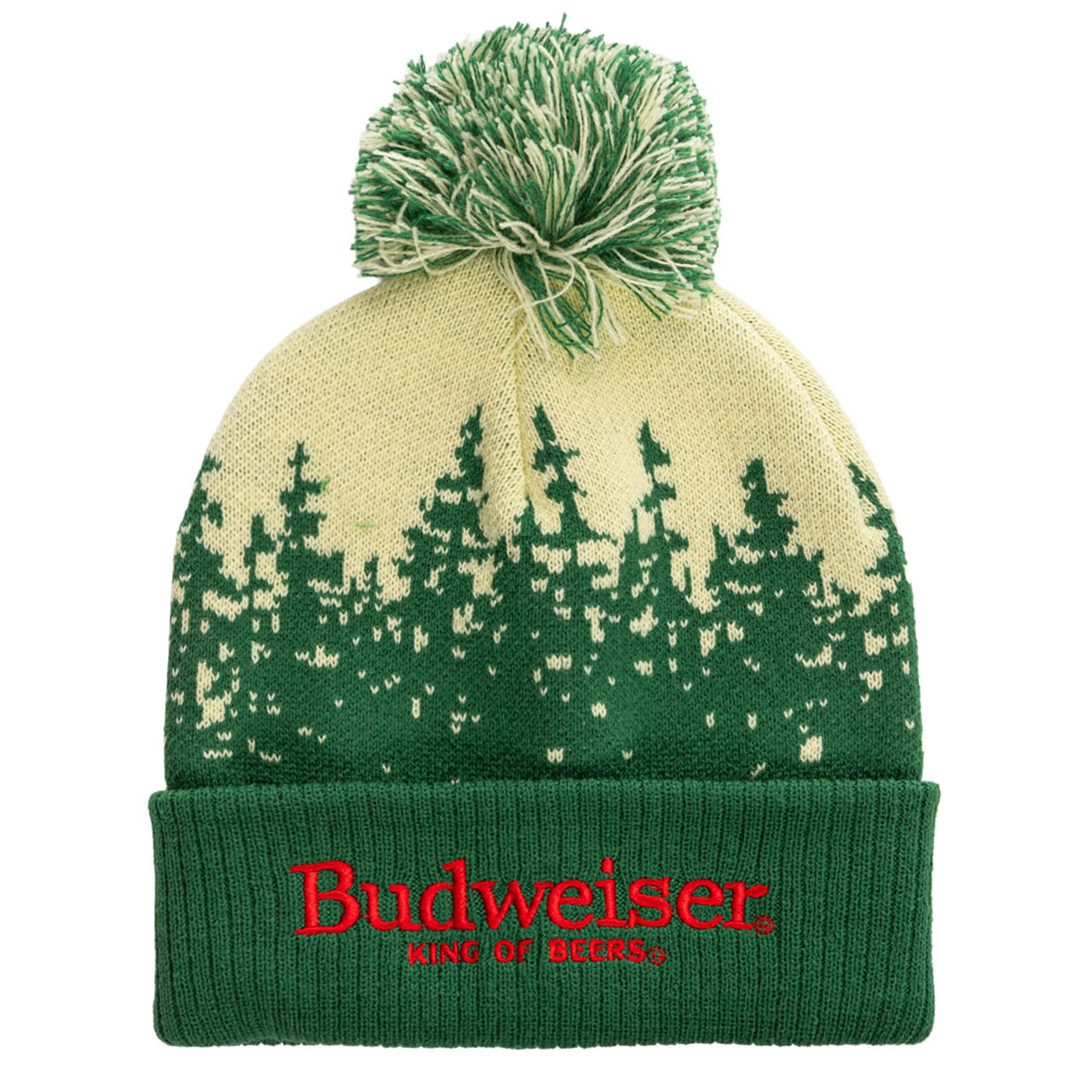 Budweiser Embroidered Logo Forest Cuff Pom Beanie