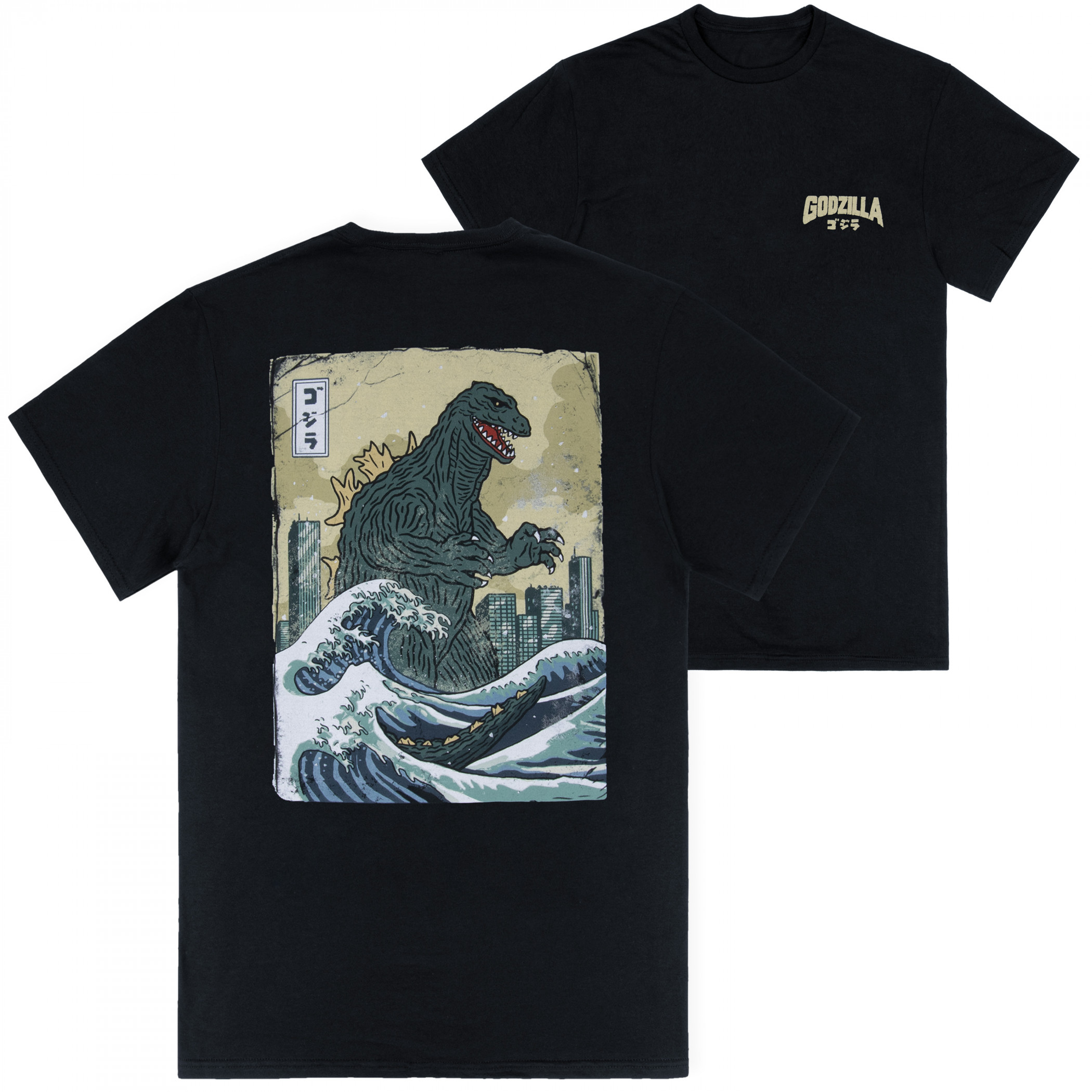 Godzilla Great Wave in The City Heavy Weight Premium T-Shirt, Black