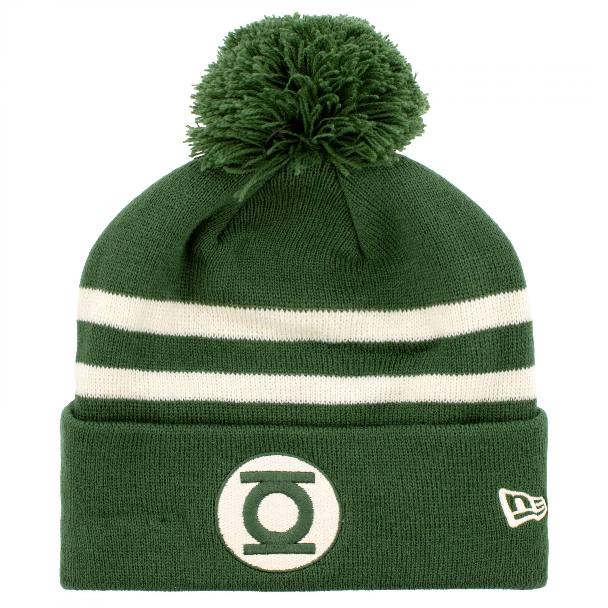 Green Lantern Logo Green and White Striped New Era Knit Pom Beanie, Green