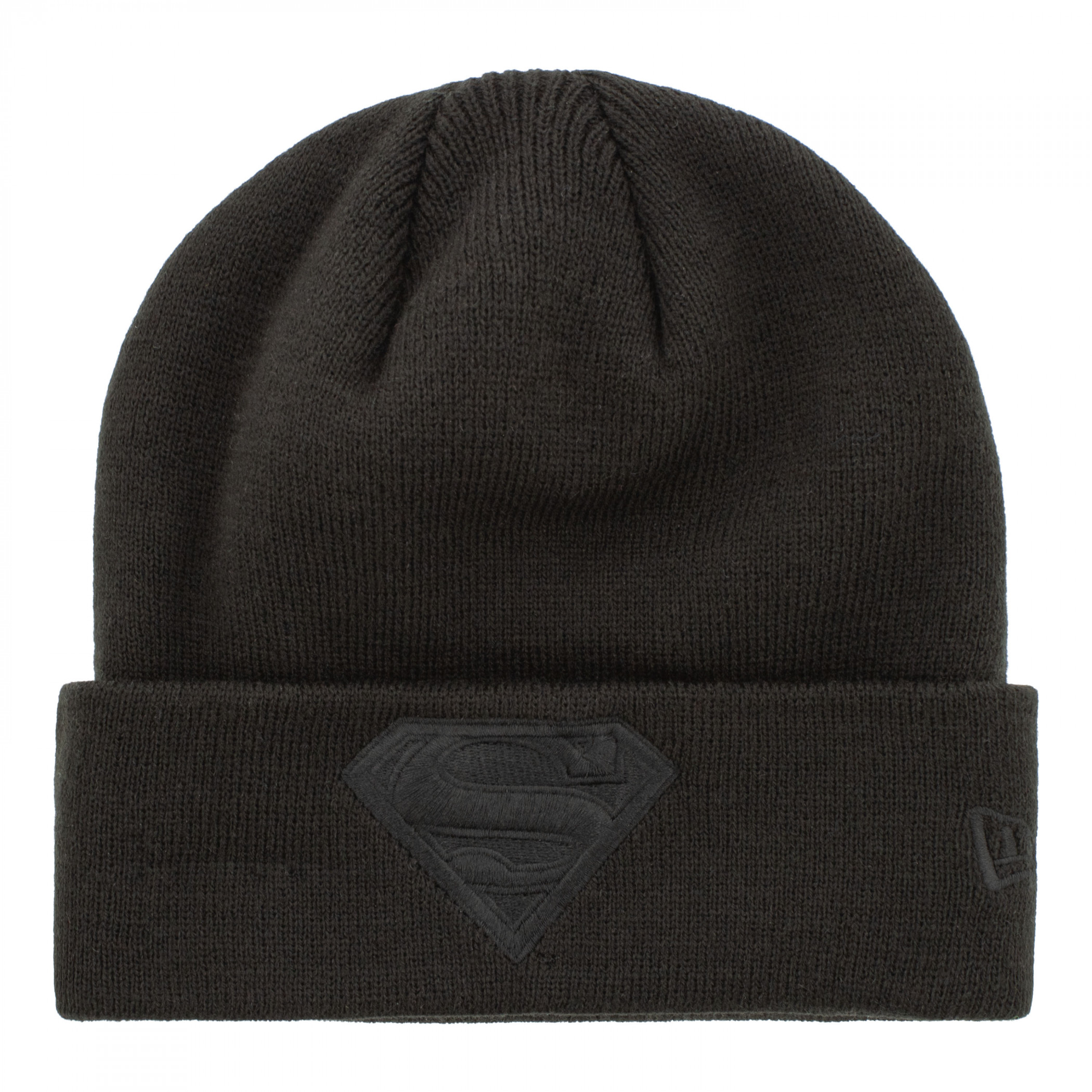 Superman Logo Black on Black New Era Cuffed Knit Beanie, Black