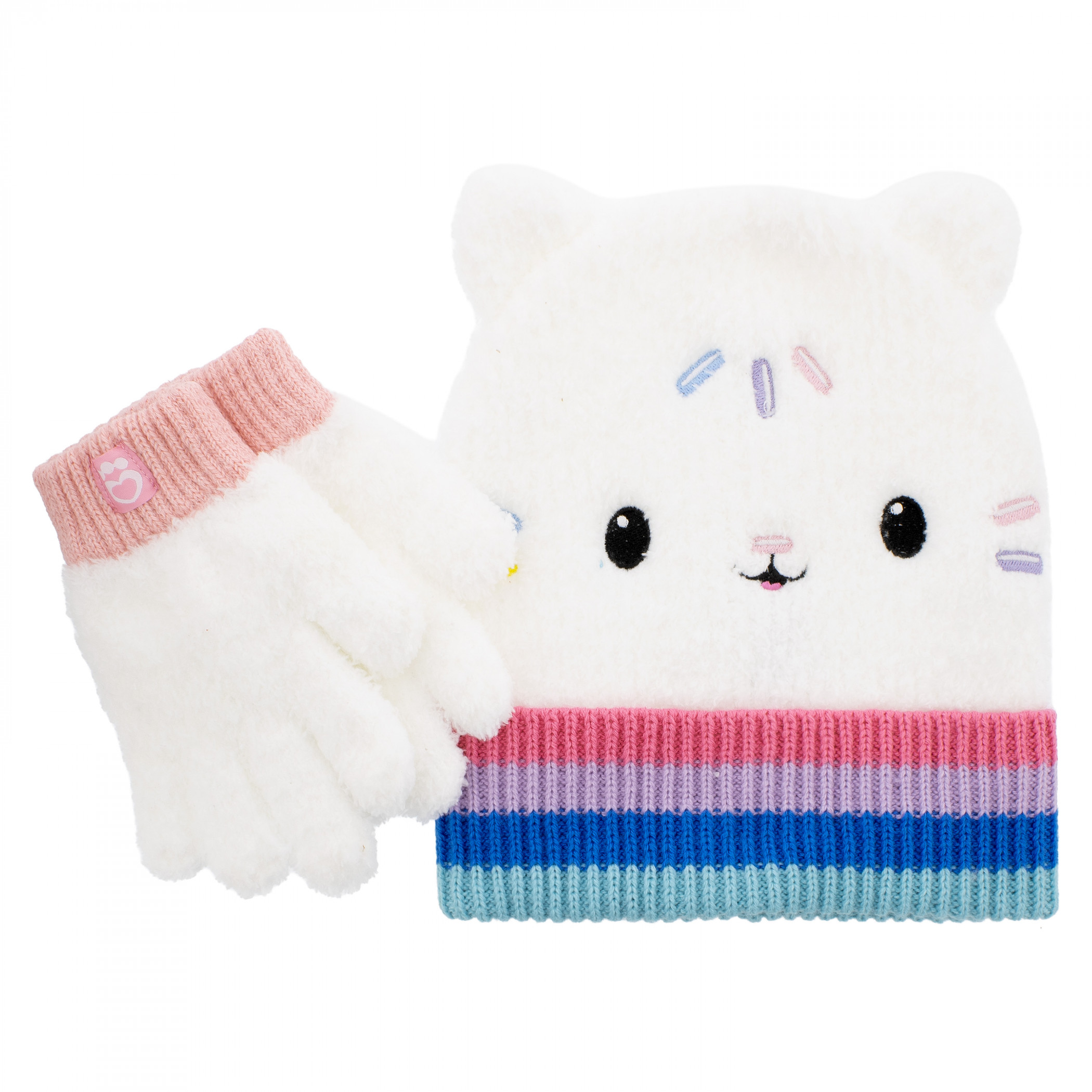 Hello Kitty Fuzzy Yarn Kid's Gloves and Cuffed Beanie with Ears, Multi-Color