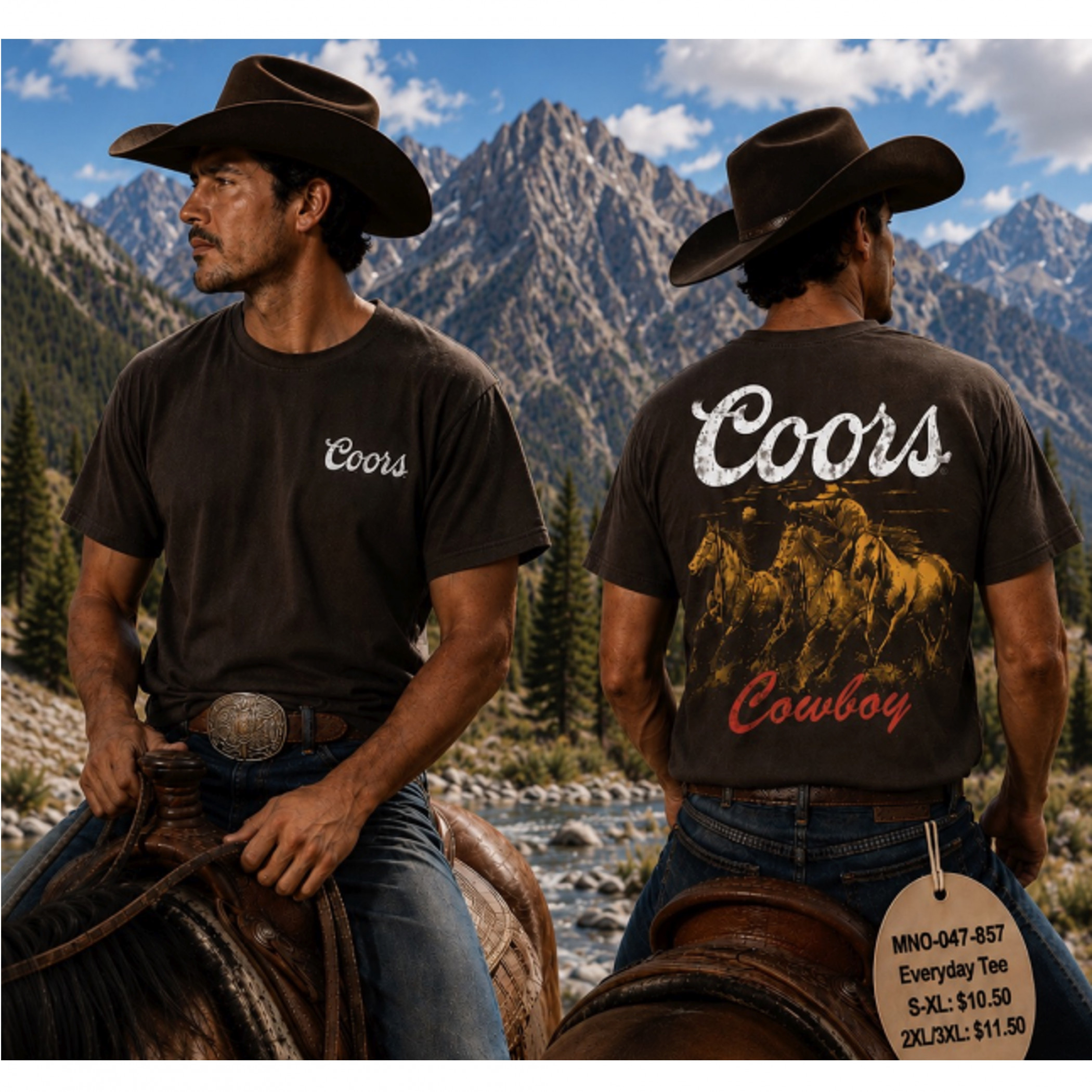 Coors Cowboys on Horses Front and Back Print T-Shirt - image 4