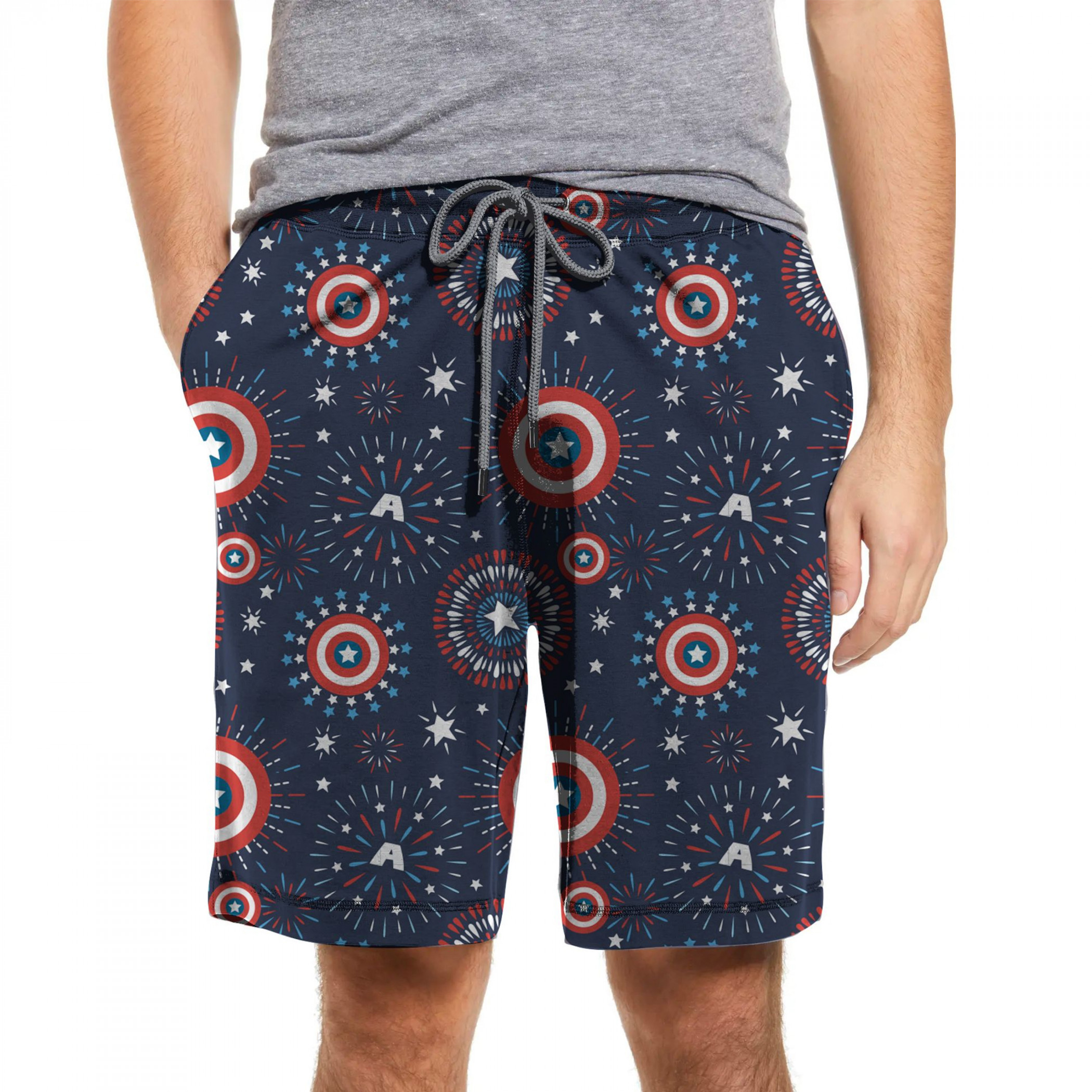 Captain America Shield Pattern Men's Pajama Jam Shorts, Blue