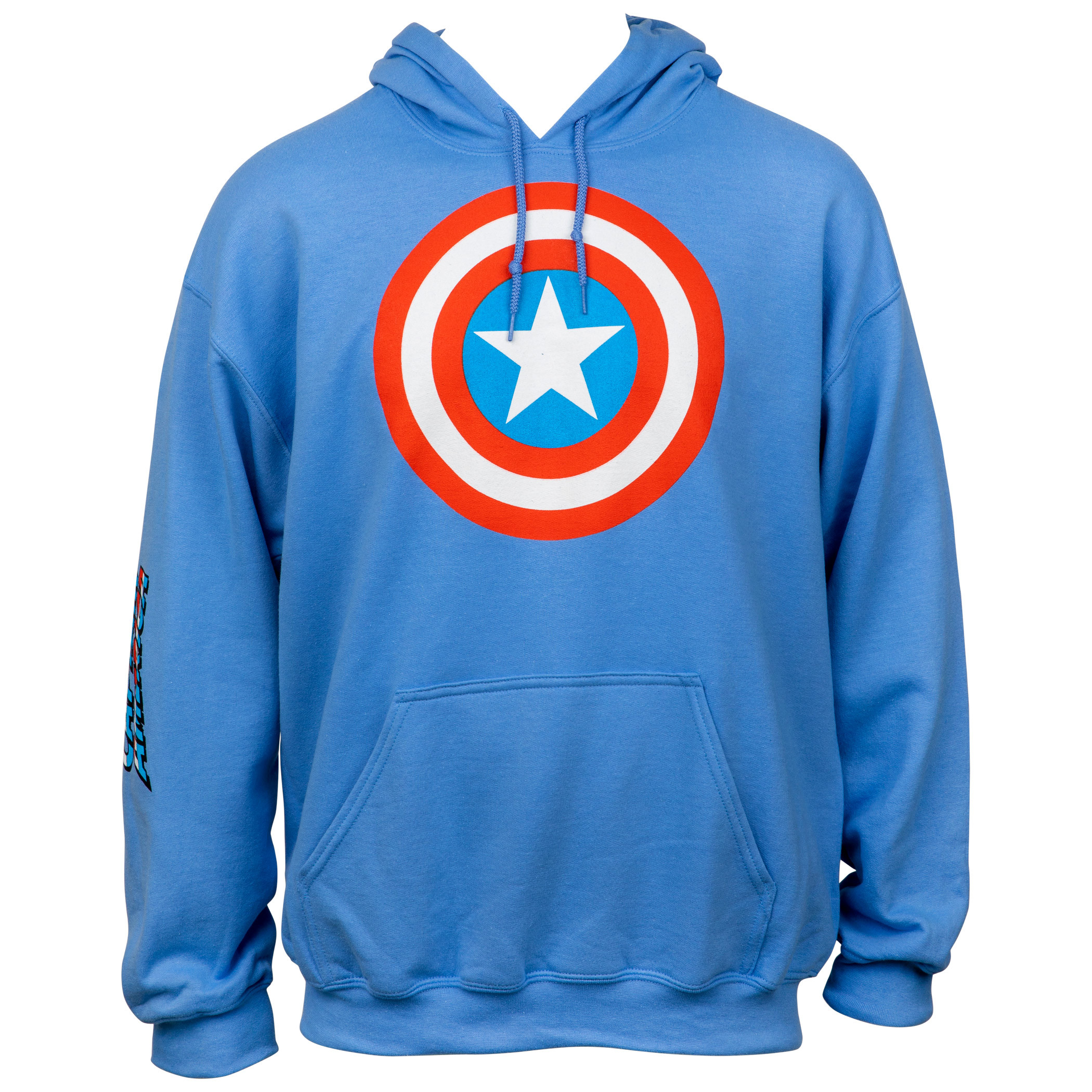 Captain America Shield Symbol with Sleeve Print Text Pull Over Hoodie, Blue