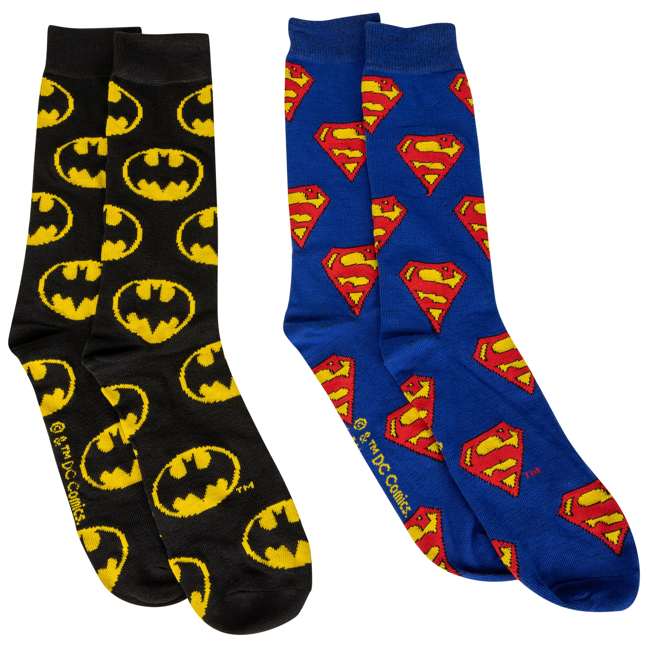 DC Comics Batman and Superman Symbols All Over 2-Pair Pack of Crew Socks, Multi-Color