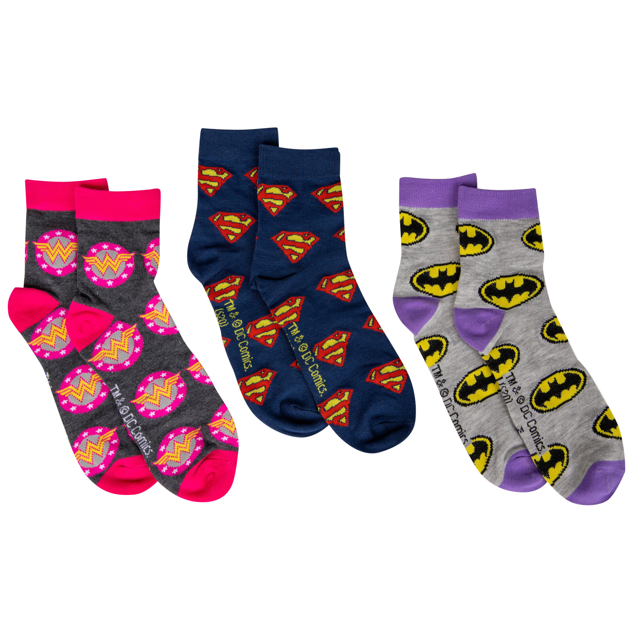 DC Comics All Over Hero Symbols 3-Pair Pack of Women's Quarter Socks, Multi-Color