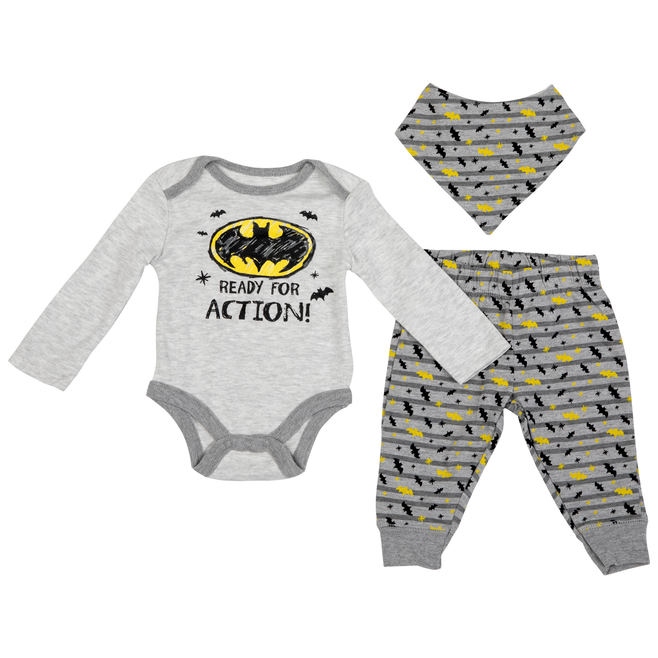 Batman Symbol 3-Piece Bodysuit Set with Bib, Multi-Color