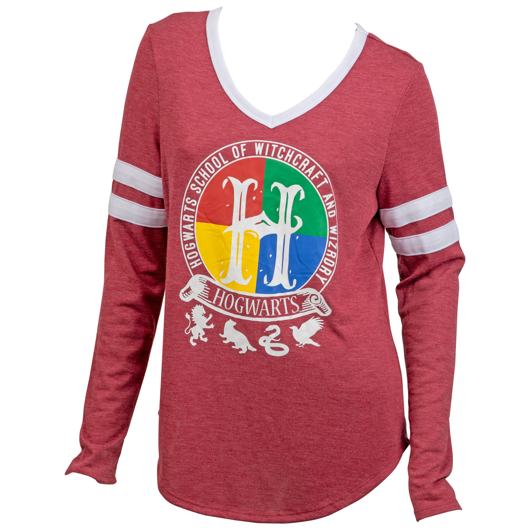 Harry Potter Hogwarts Crest V-Neck Long Sleeve Shirt, Red