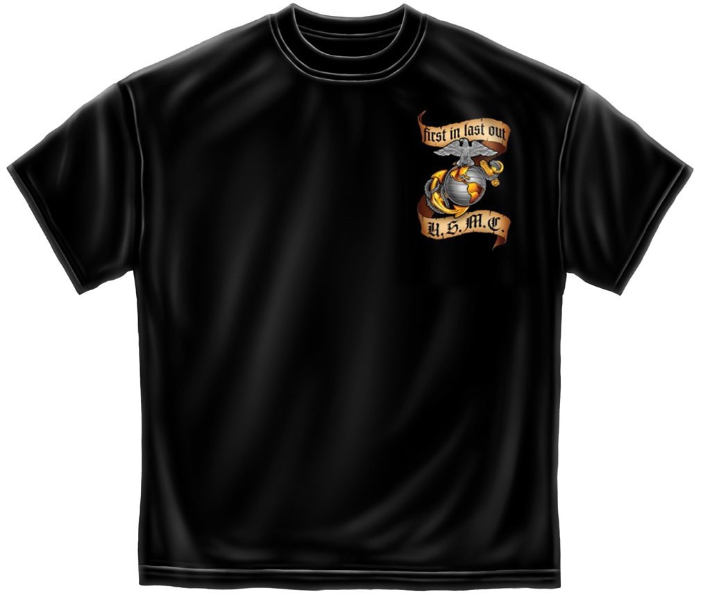 USMC Marines First In Last Out Patriotic TShirt - Black - image 2