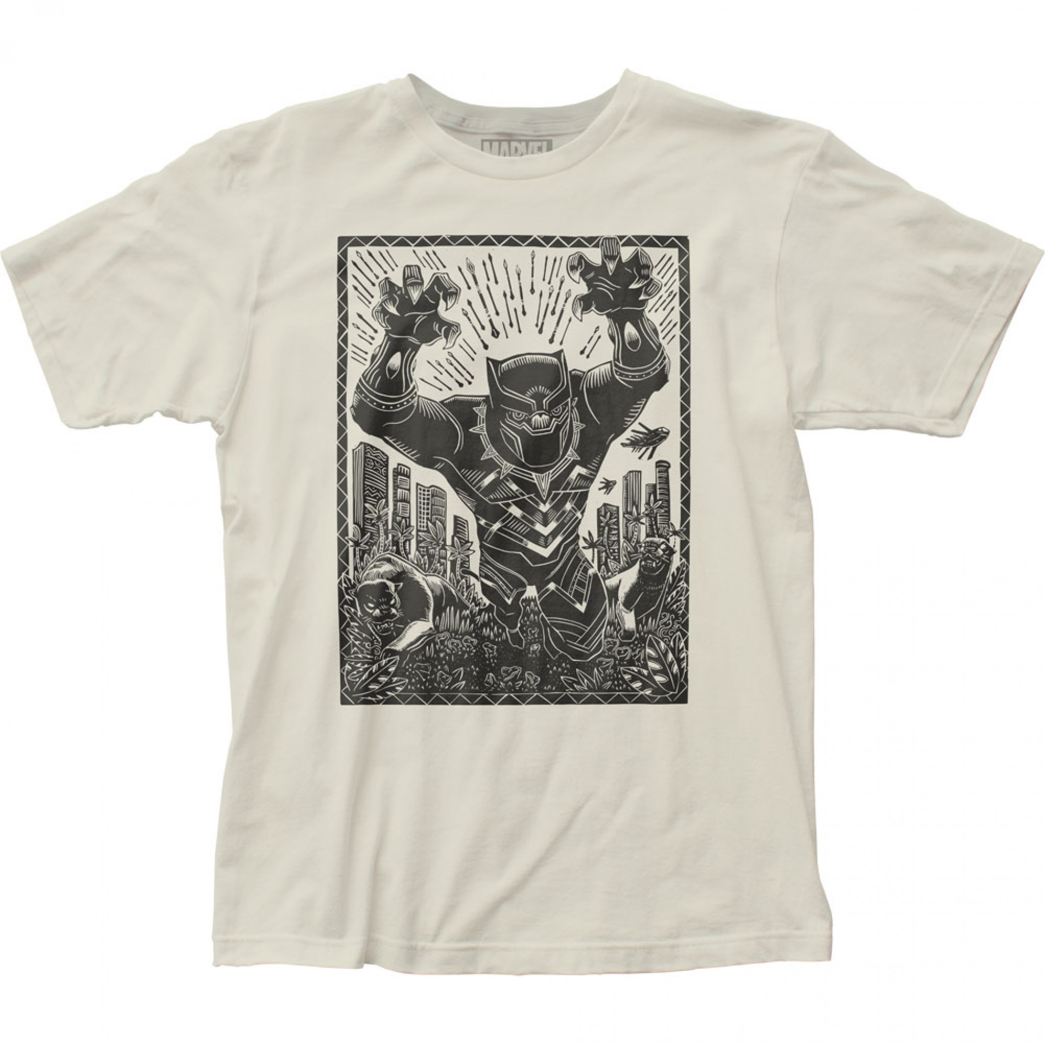 Black Panther Woodcut Art T-Shirt, Beige