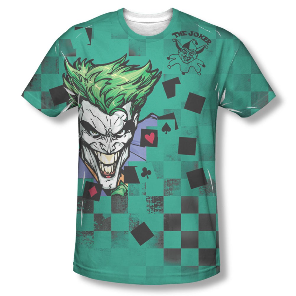 Batman Men's Green Sublimation Joker Boxed Clown Tee Shirt, Grey