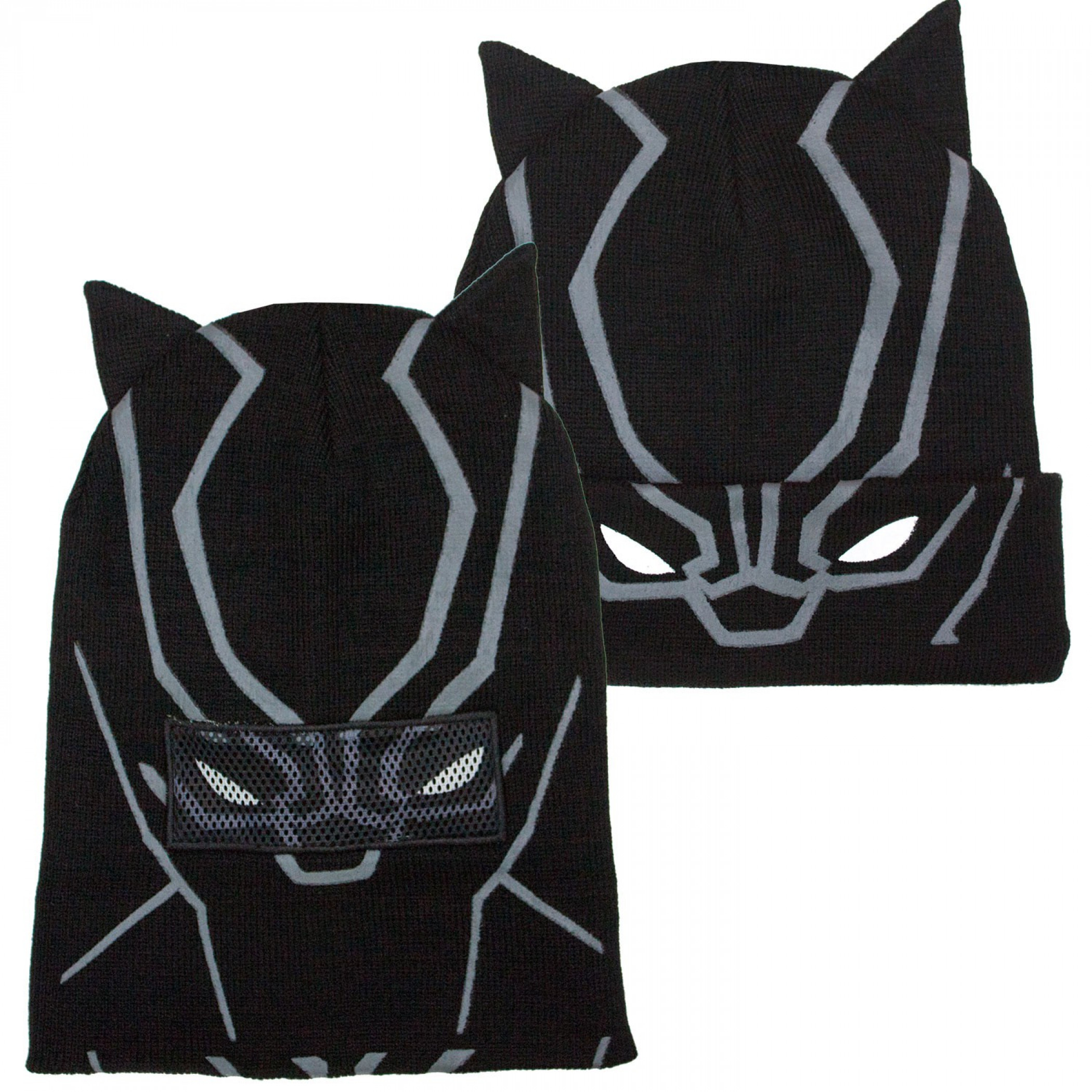 Black Panther Face Costume Pull Down Mask Beanie, Black