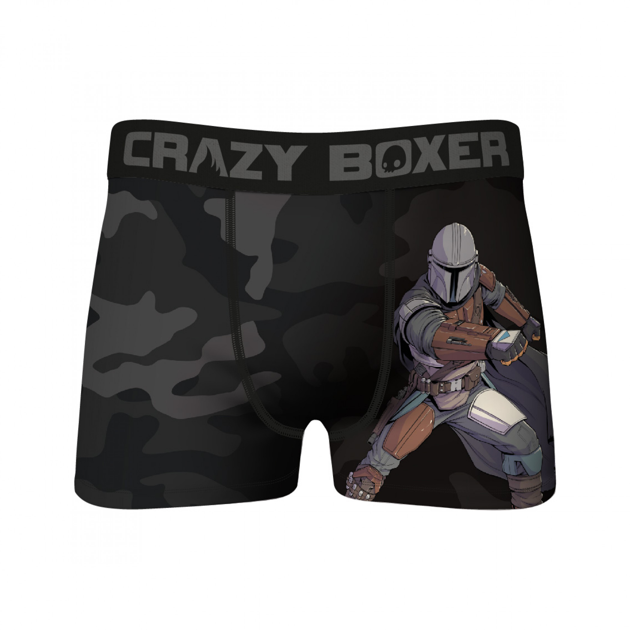 Star Wars The Mandalorian Character Print on Black Camo Crazy Boxer Briefs, Black