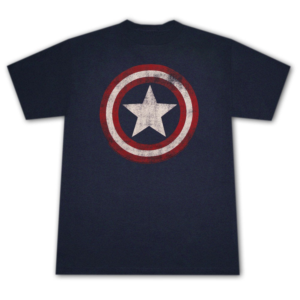 Captain America Distressed Shield Logo Navy Blue Graphic T-Shirt, Blue