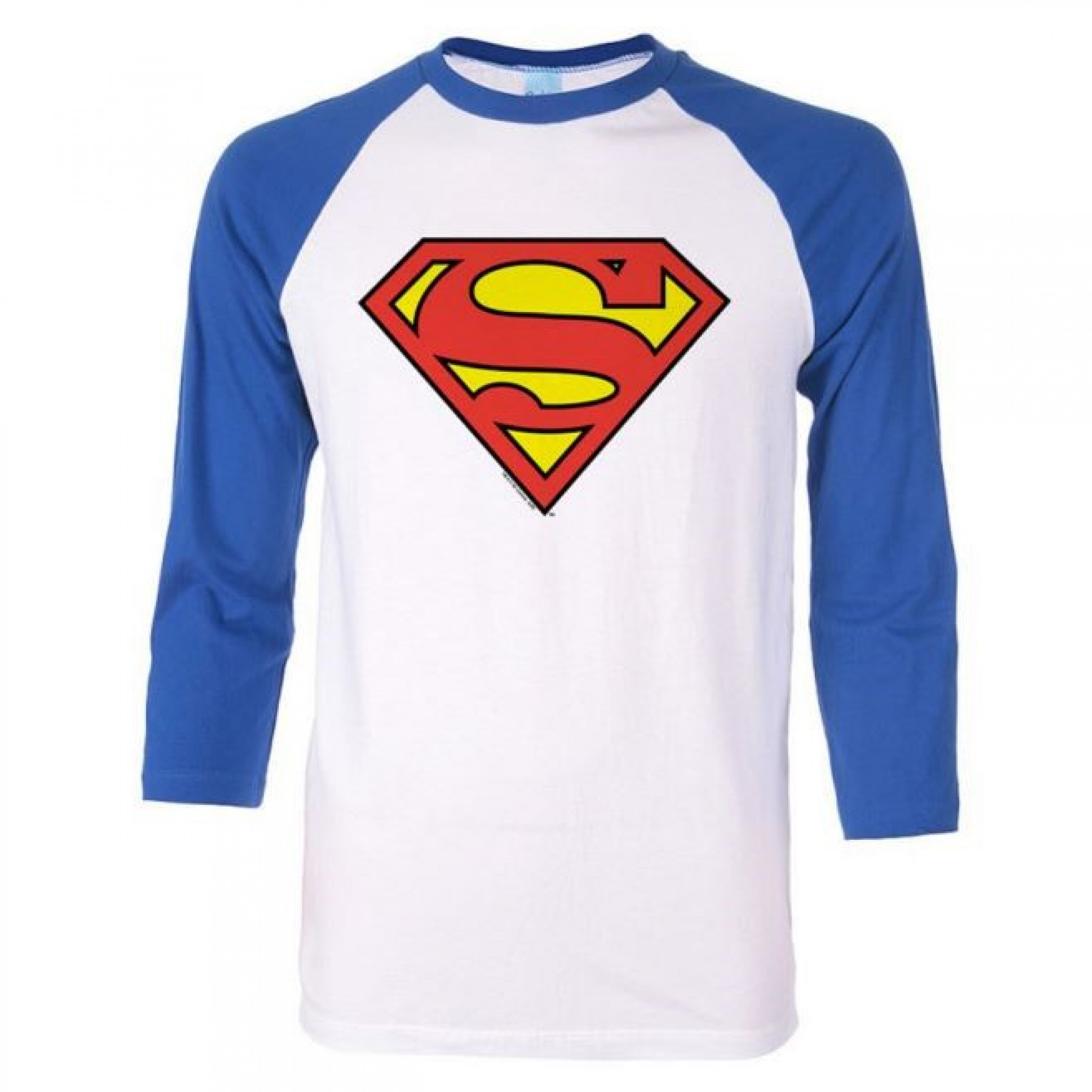 Superman Symbol Blue Sleeved Baseball T-Shirt, White