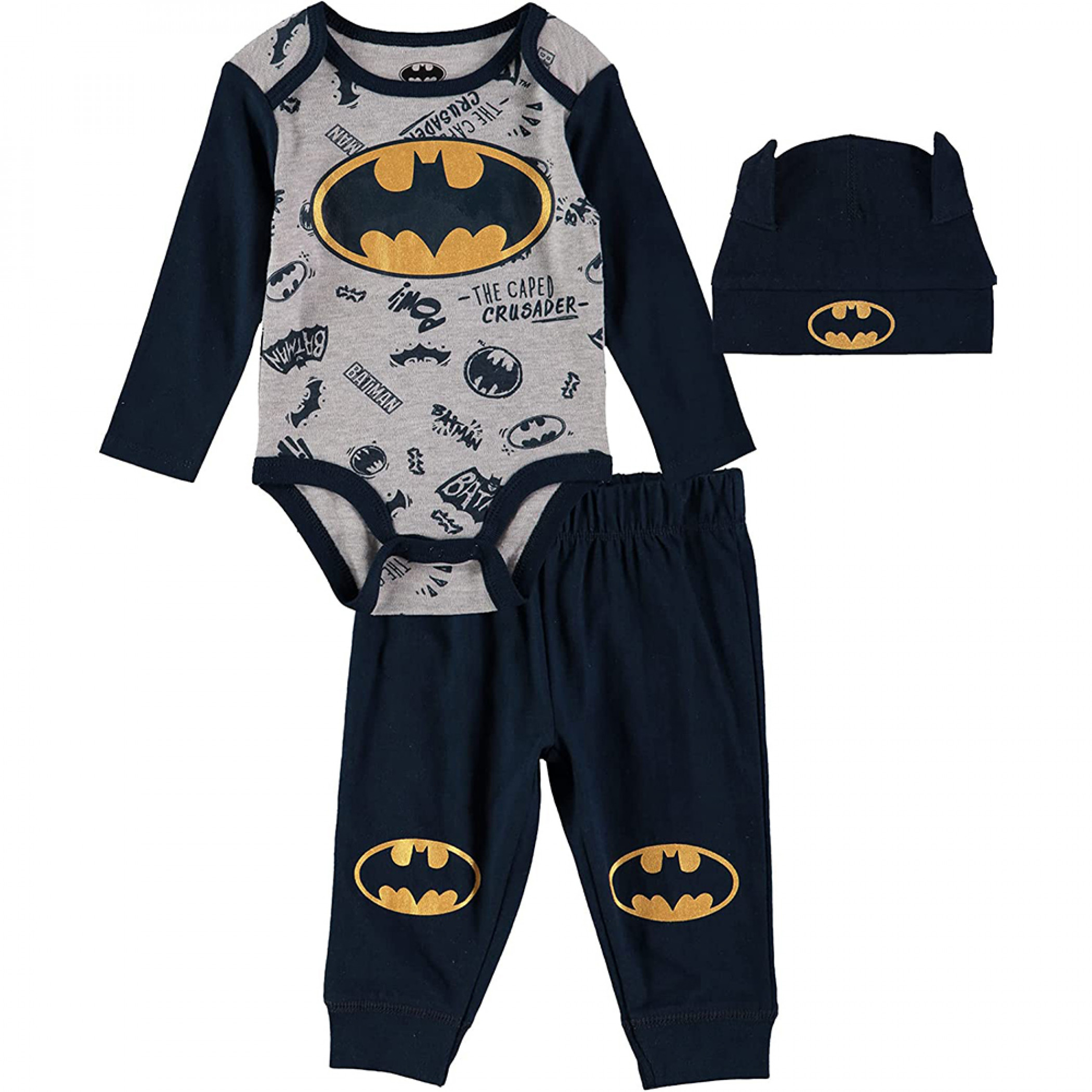 Batman Symbols 3-Piece Infant Bodysuit Pant and Hat Set, Multi-Color