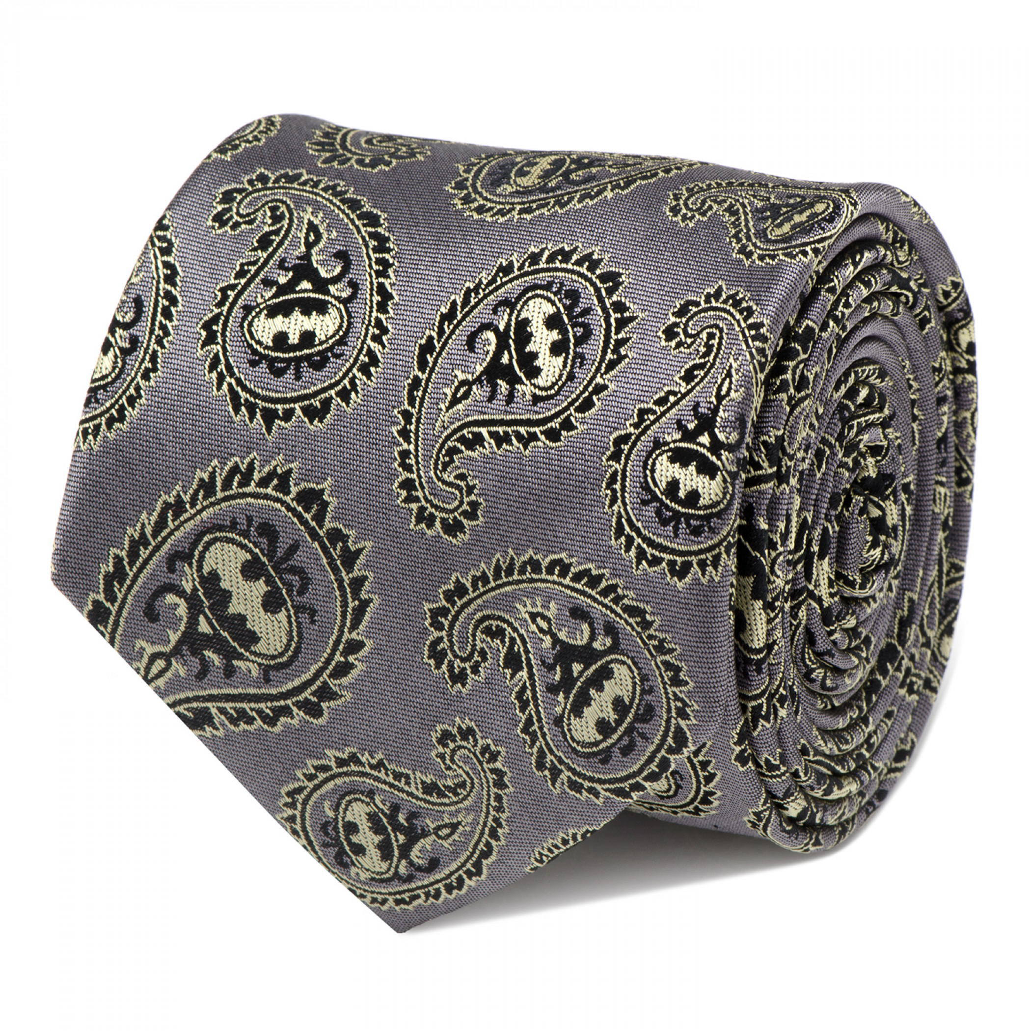 Batman Gray and Yellow Paisley Silk Tie, Grey