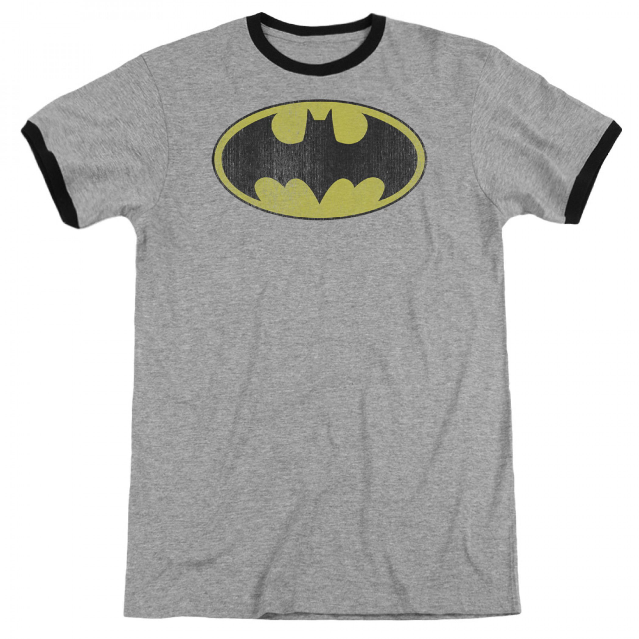 Batman Distressed Logo Heather Gray Ringer T-Shirt, Grey
