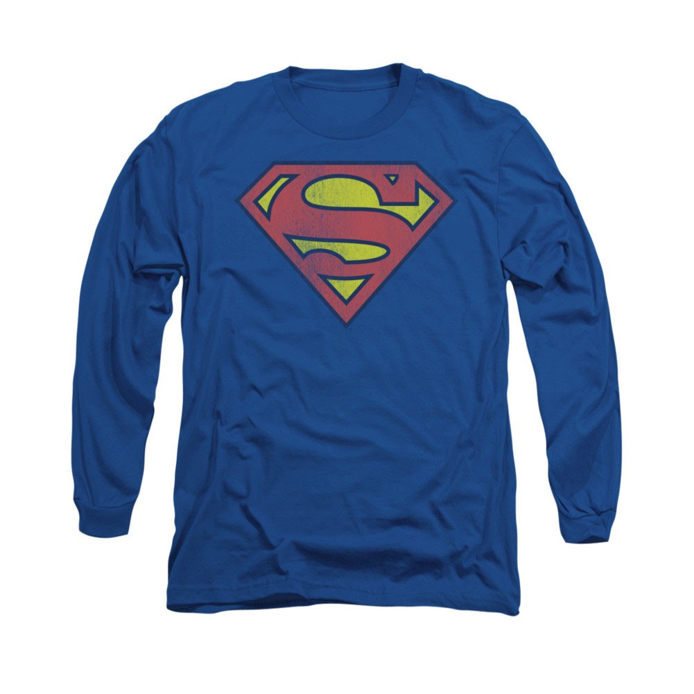 Superman Distressed Shield Logo Long Sleeve T-Shirt, Blue