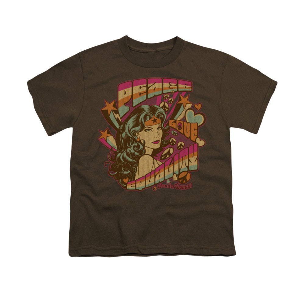Wonder Woman Peace Love Equality Brown Youth Unisex T-Shirt, Brown