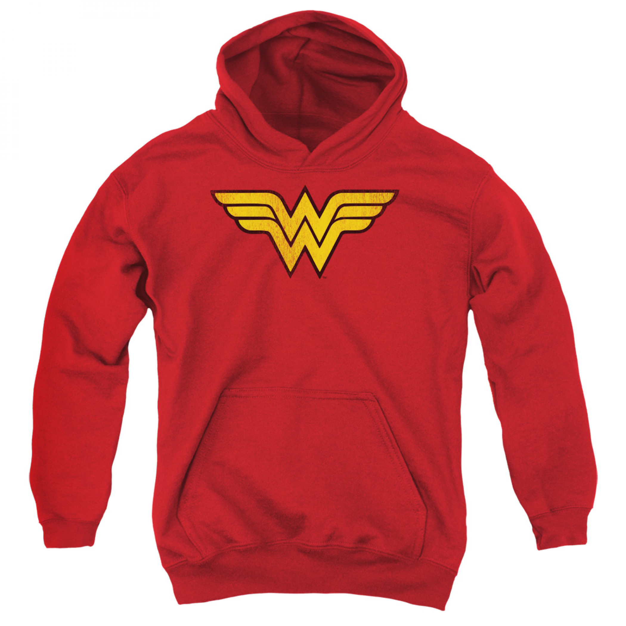 Wonder Woman Distressed Logo Youth Pull Over Hoodie, Red