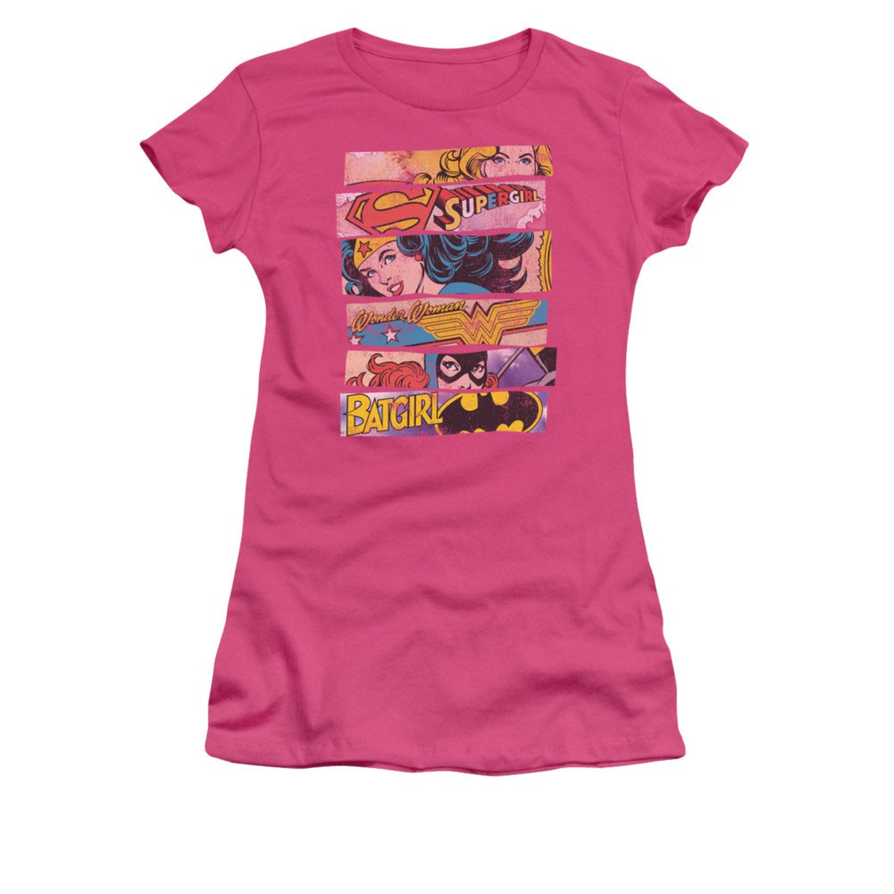 Wonder Woman Batgirl Supergirl Three Of A Kind Pink Juniors T-Shirt