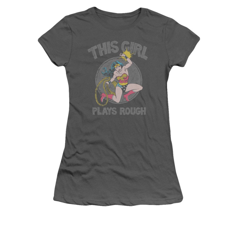 Wonder Woman Plays Rough Gray Juniors T-Shirt, Grey