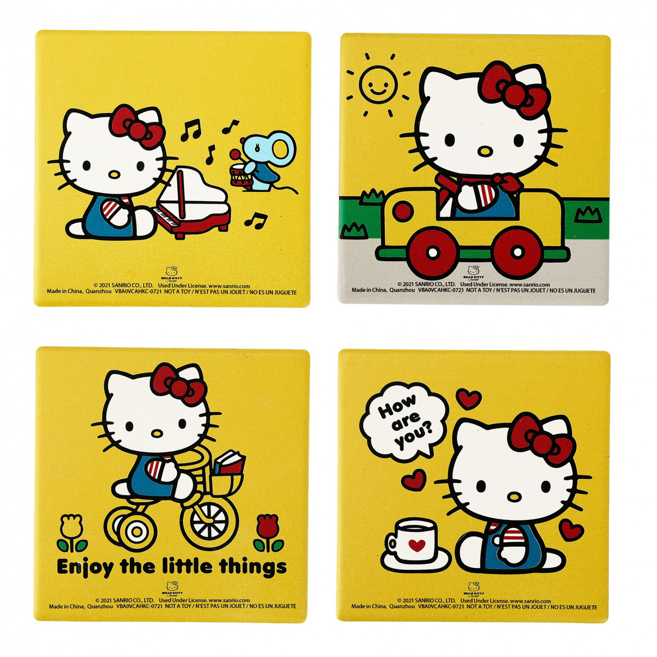 Hello Kitty Enjoy The Little Things Variety Ceramic Coaster Set 4-Pack, Yellow