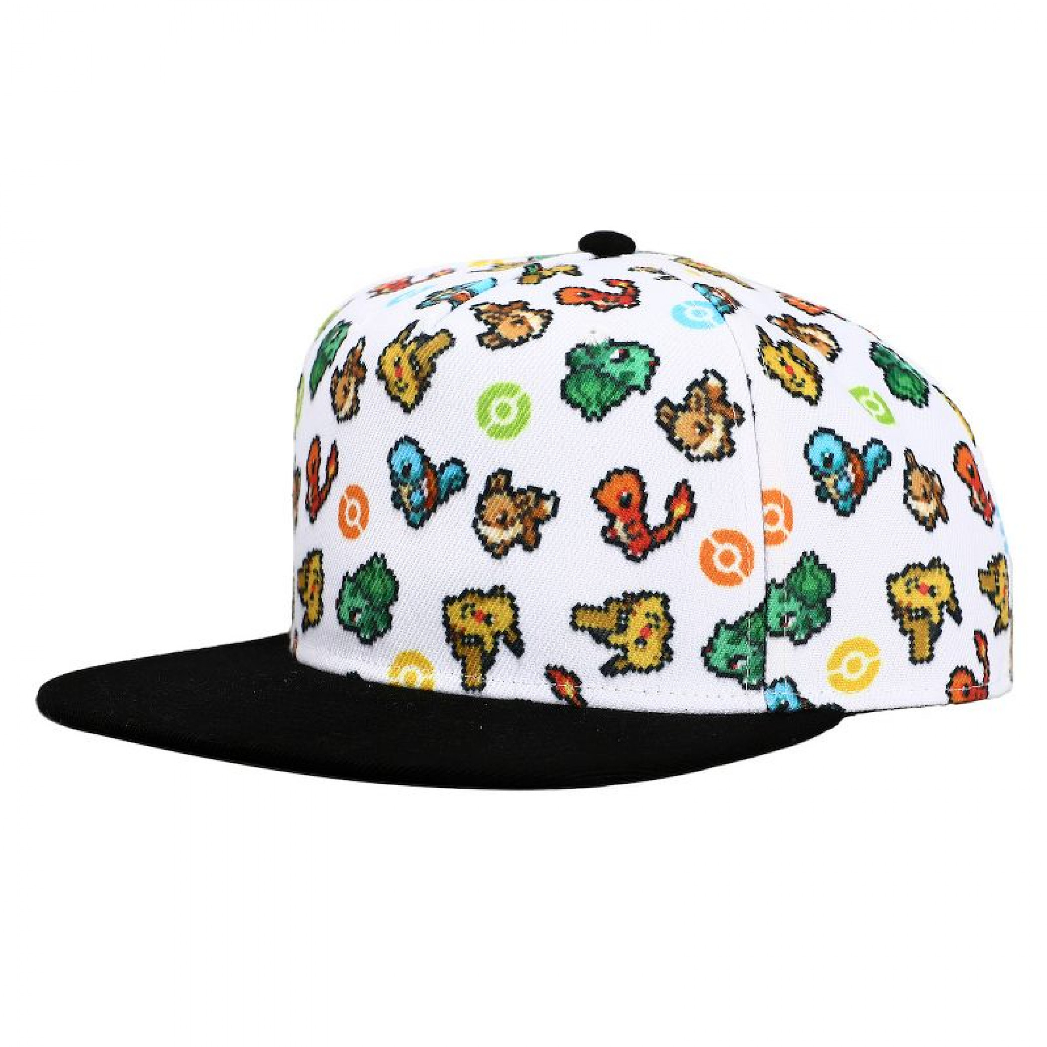 Pokemon Starter Sprites Flat Bill Snapback Hat, White