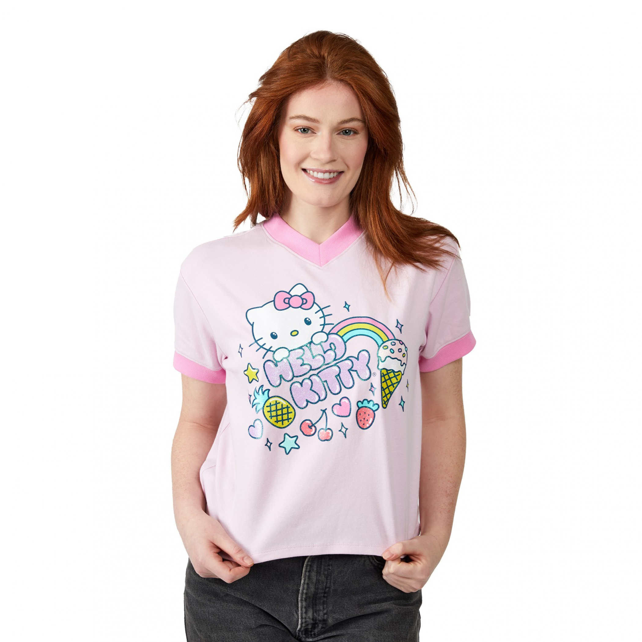 Hello Kitty Glitter Sweets V-Neck Ringer T-Shirt, Pink