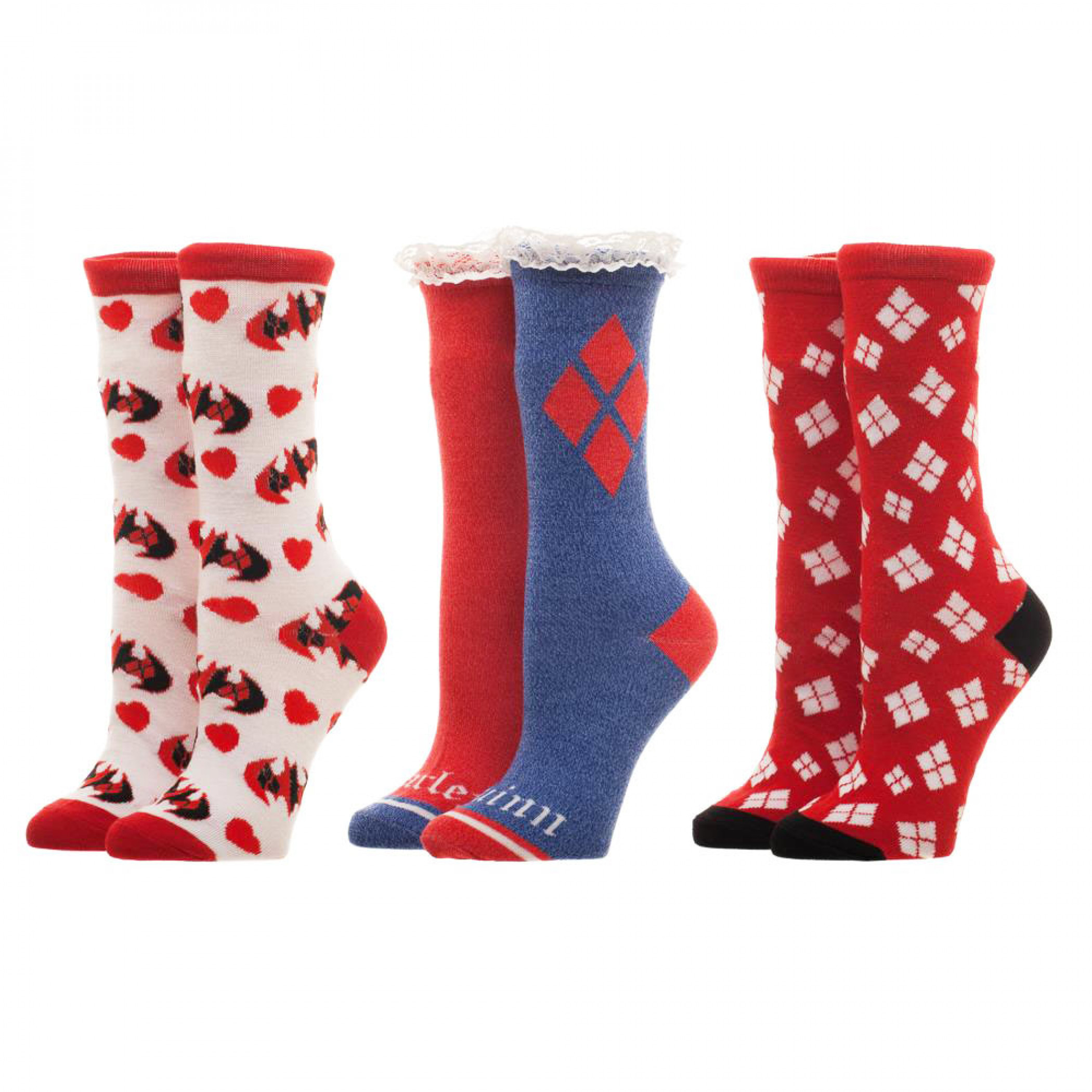 Harley Quinn Red White Blue 3 Pack Women's Socks, Red