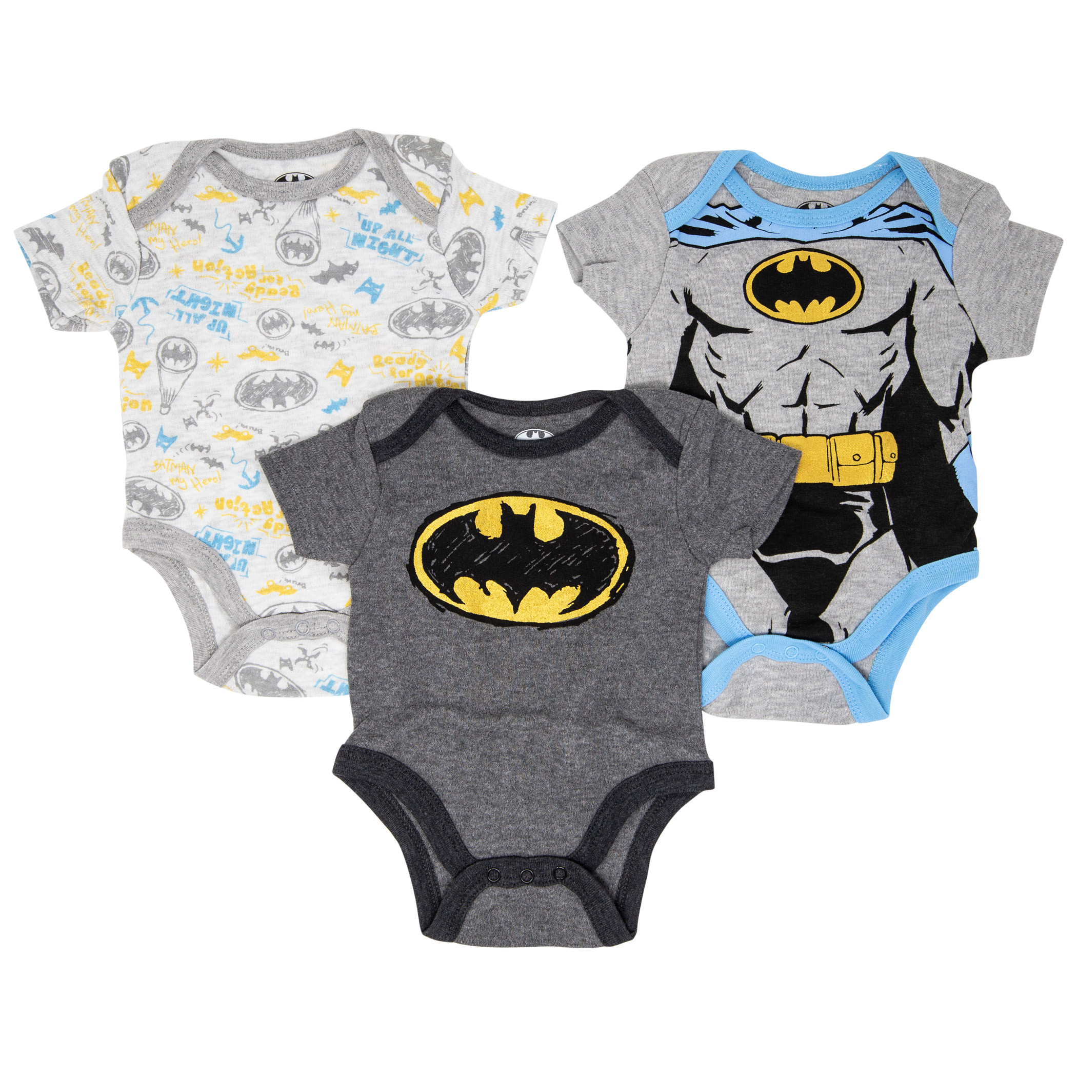Batman Boys 3-Pack Infant Bodysuit Set, Grey