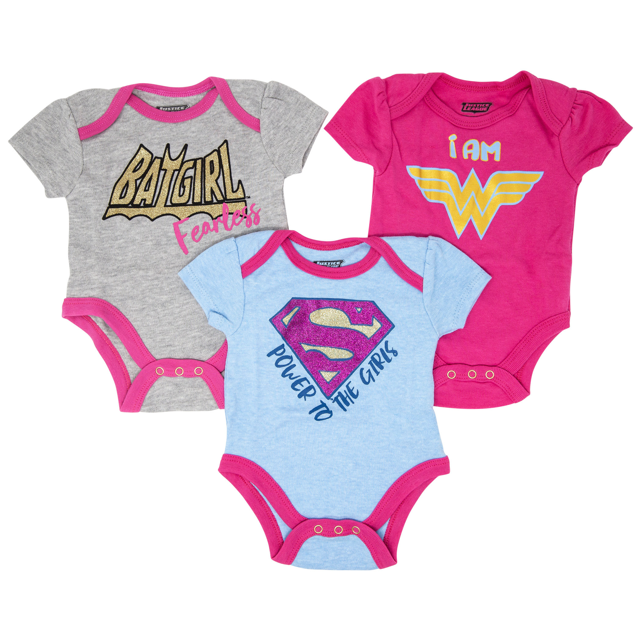 Justice League Girls 3-Pack Infant Bodysuit Set, Multi-Color