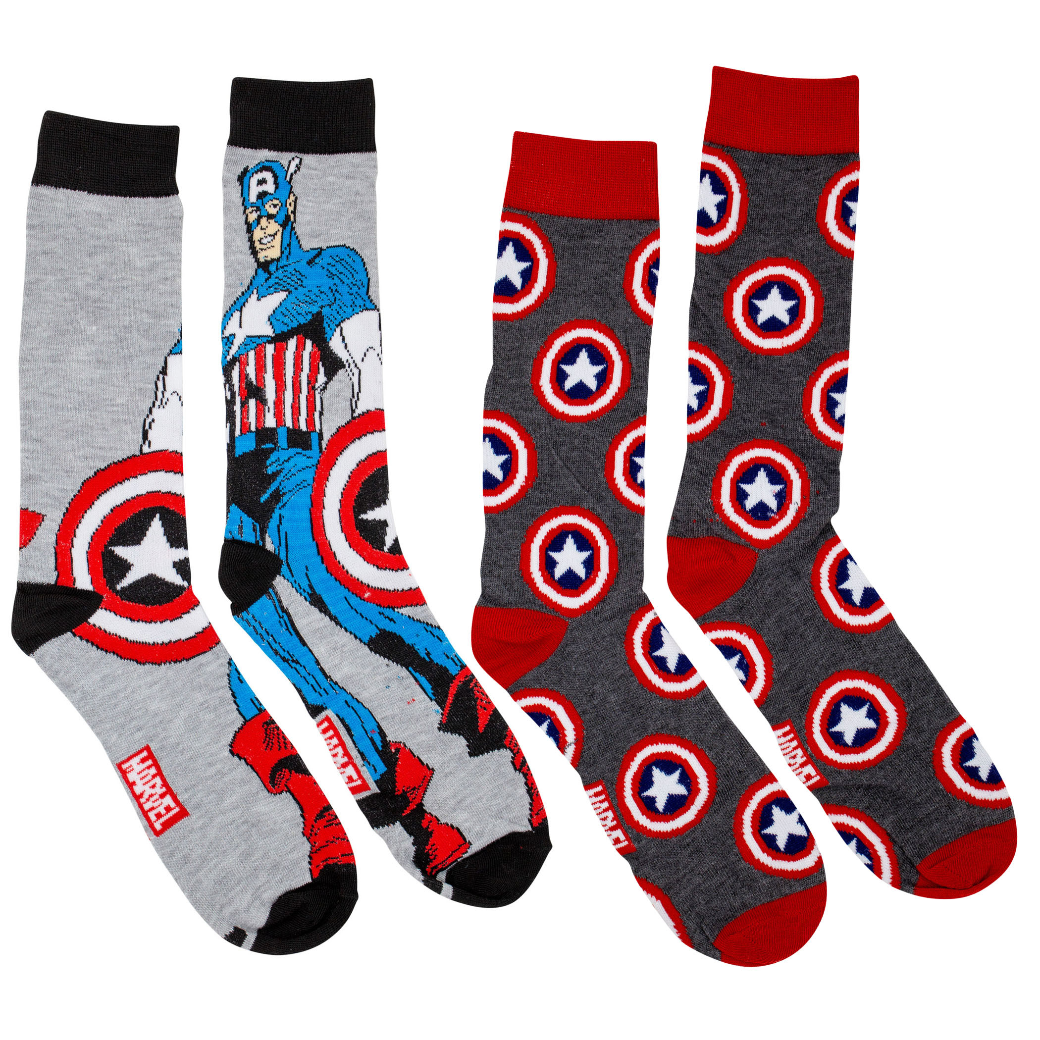 Captain America Standing Character and Symbols 2-Pack Crew Socks, Multi-Color