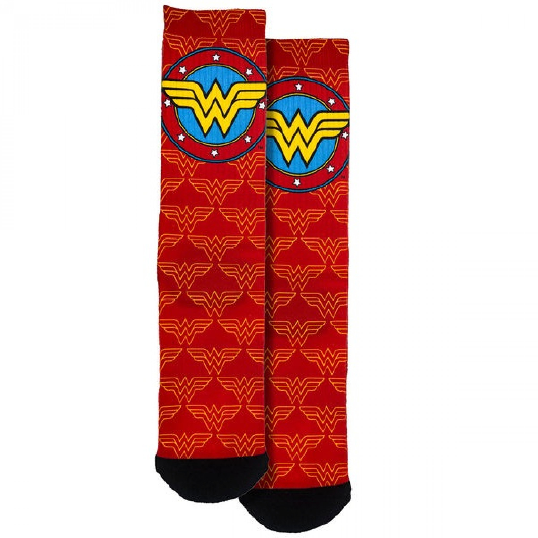 Wonder Woman Logo and Symbols All Over Crew Socks, Red