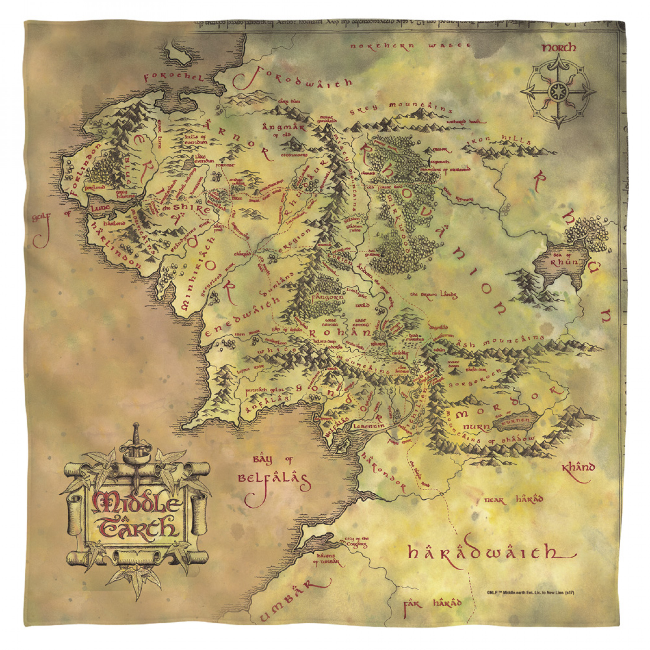 Lord of the Rings Middle Earth Map Bandana, Multi-Color