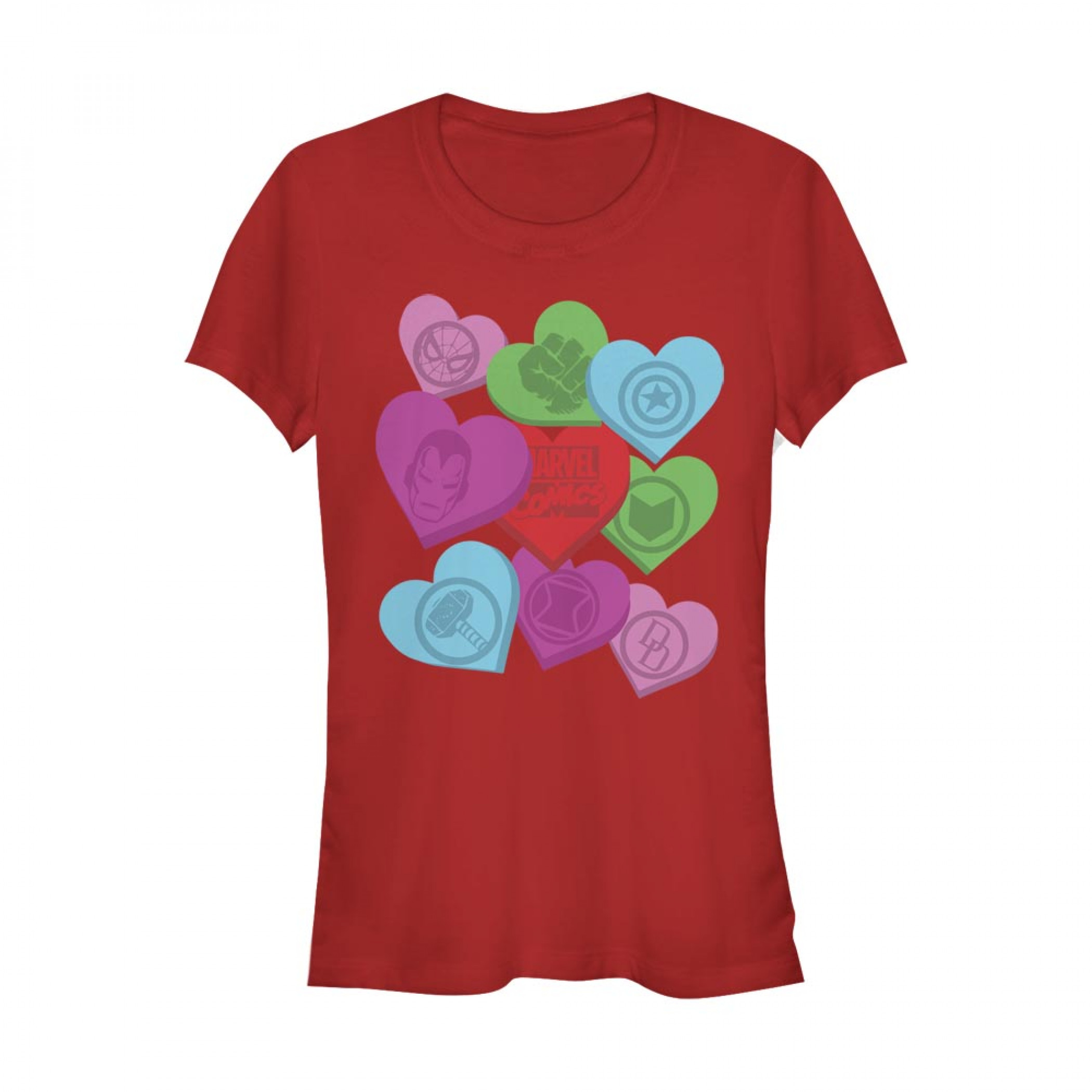 Marvel Heroes Valentine Candy Hearts Women's Red T-Shirt, Red