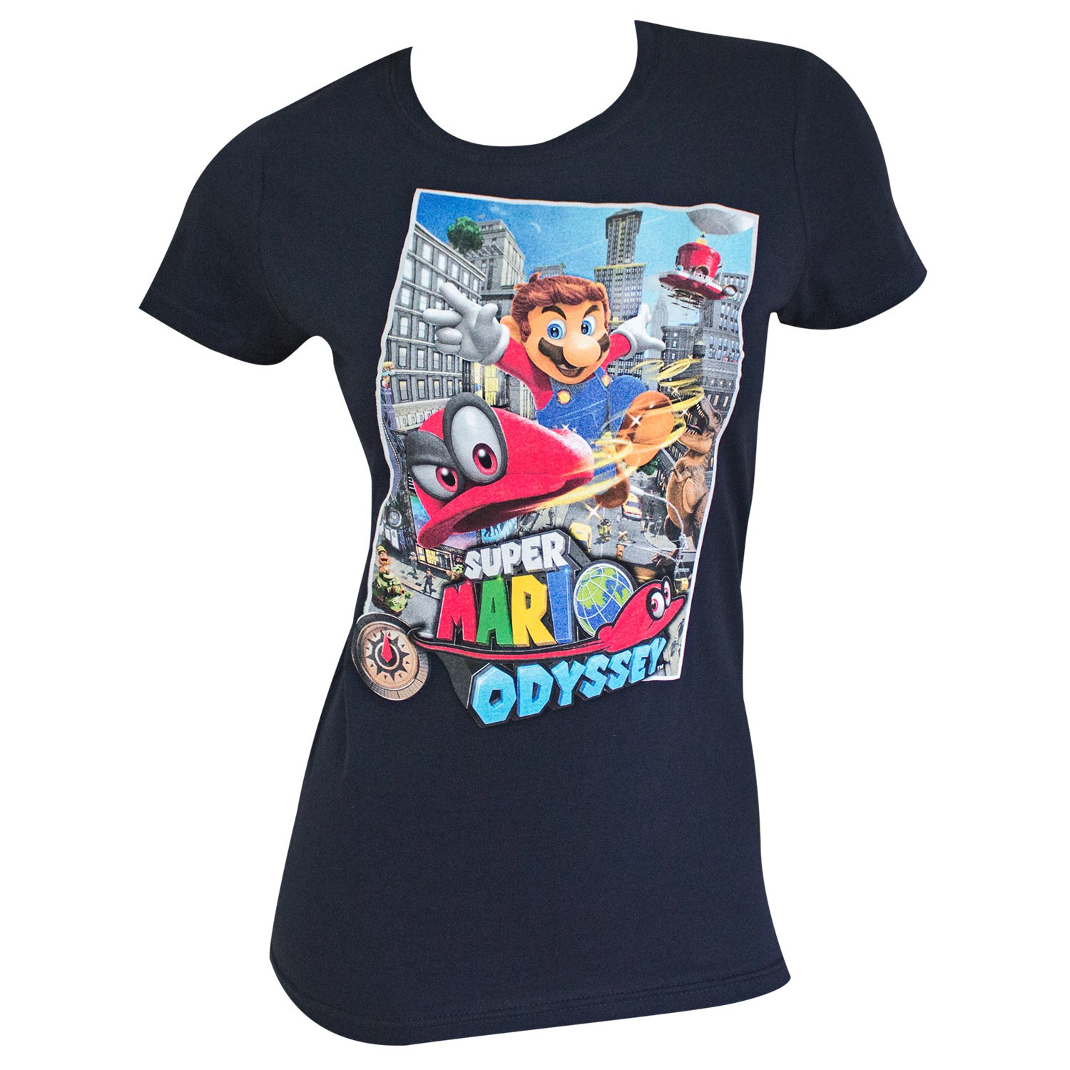 Super Mario Odyssey Flying Ladies Navy Blue Tee Shirt, Blue