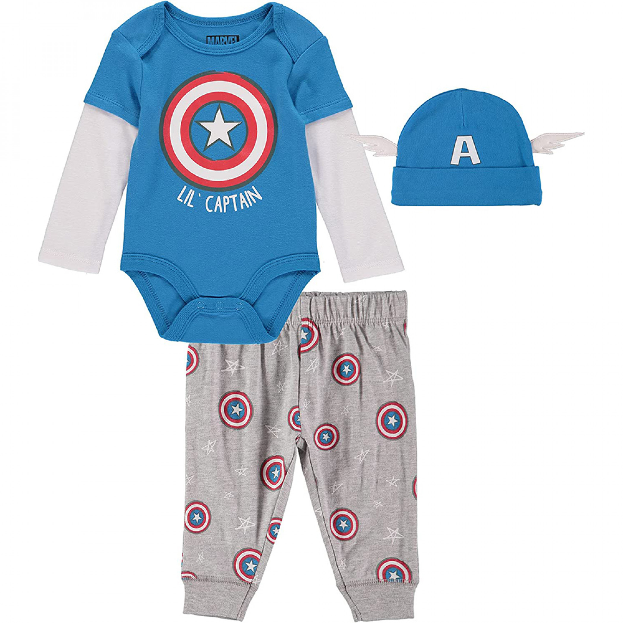 Marvel Captain America 3-Piece Infant Bodysuit Pant and Hat Set, Blue