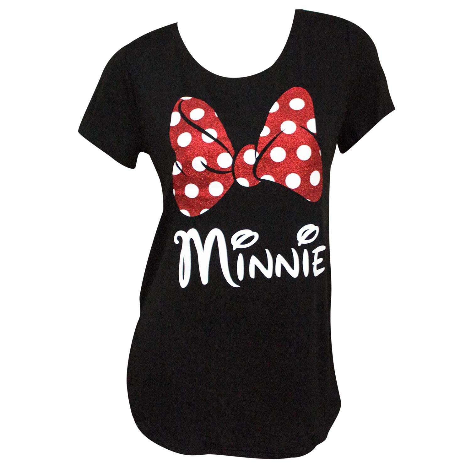 Minnie Mouse Glitter Bow Womens Black T Shirt