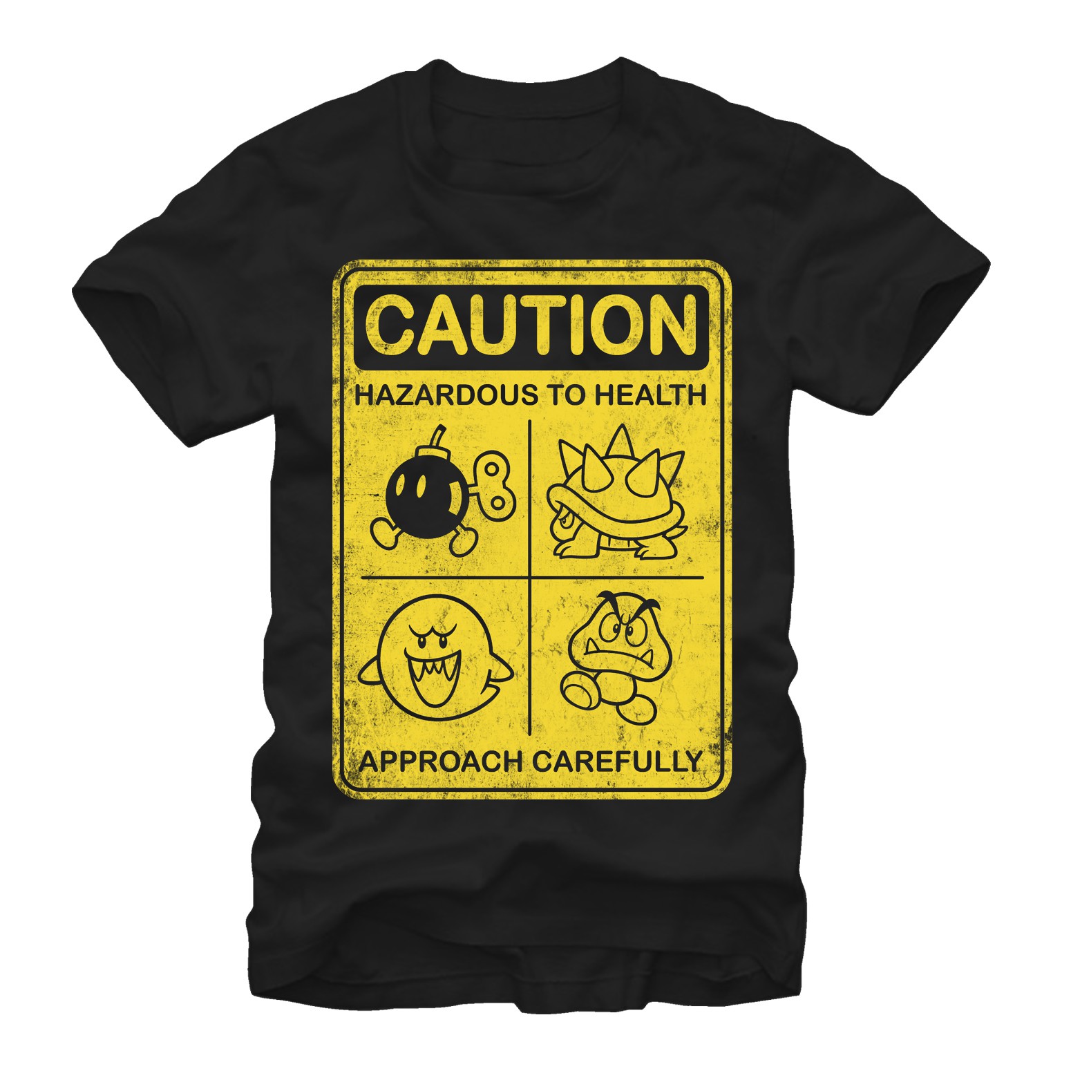 Nintendo Mario Caution Sign Black T-Shirt, Black
