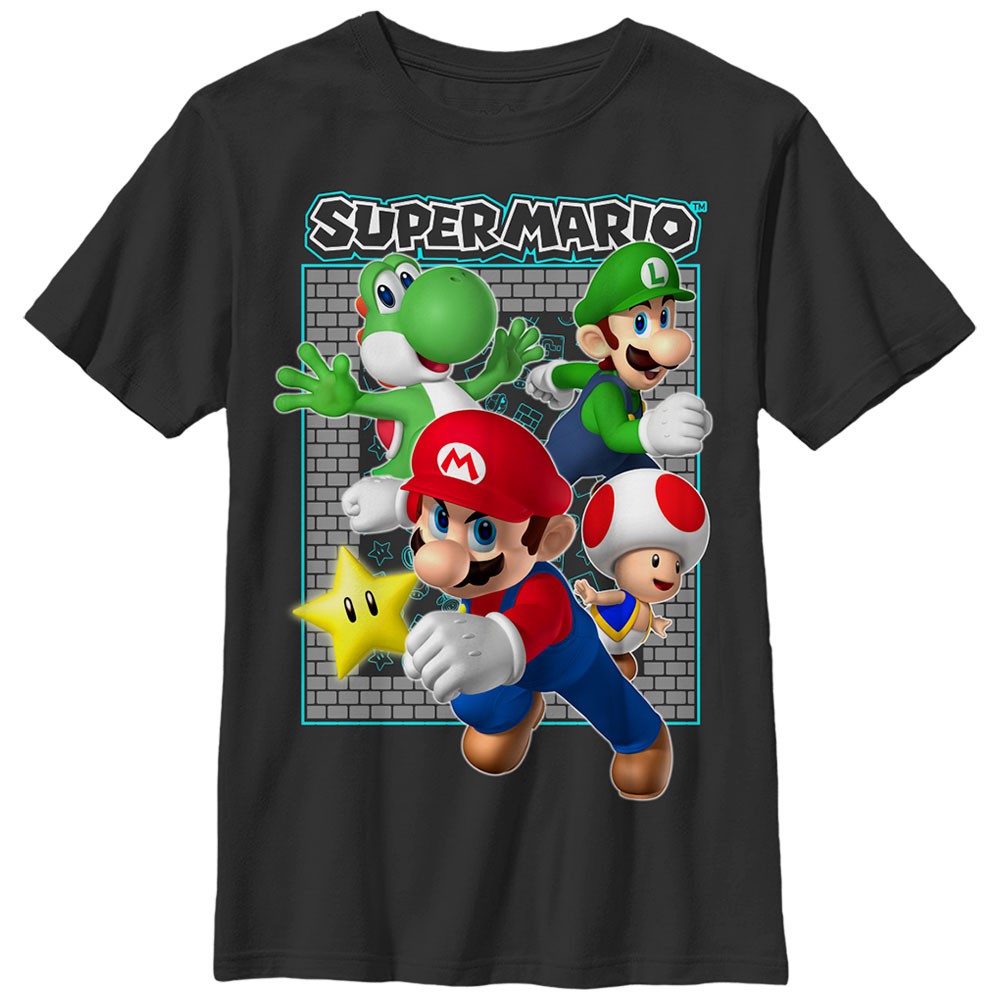 Nintendo Mario Brick Frame Black Unisex Youth T-Shirt, Black