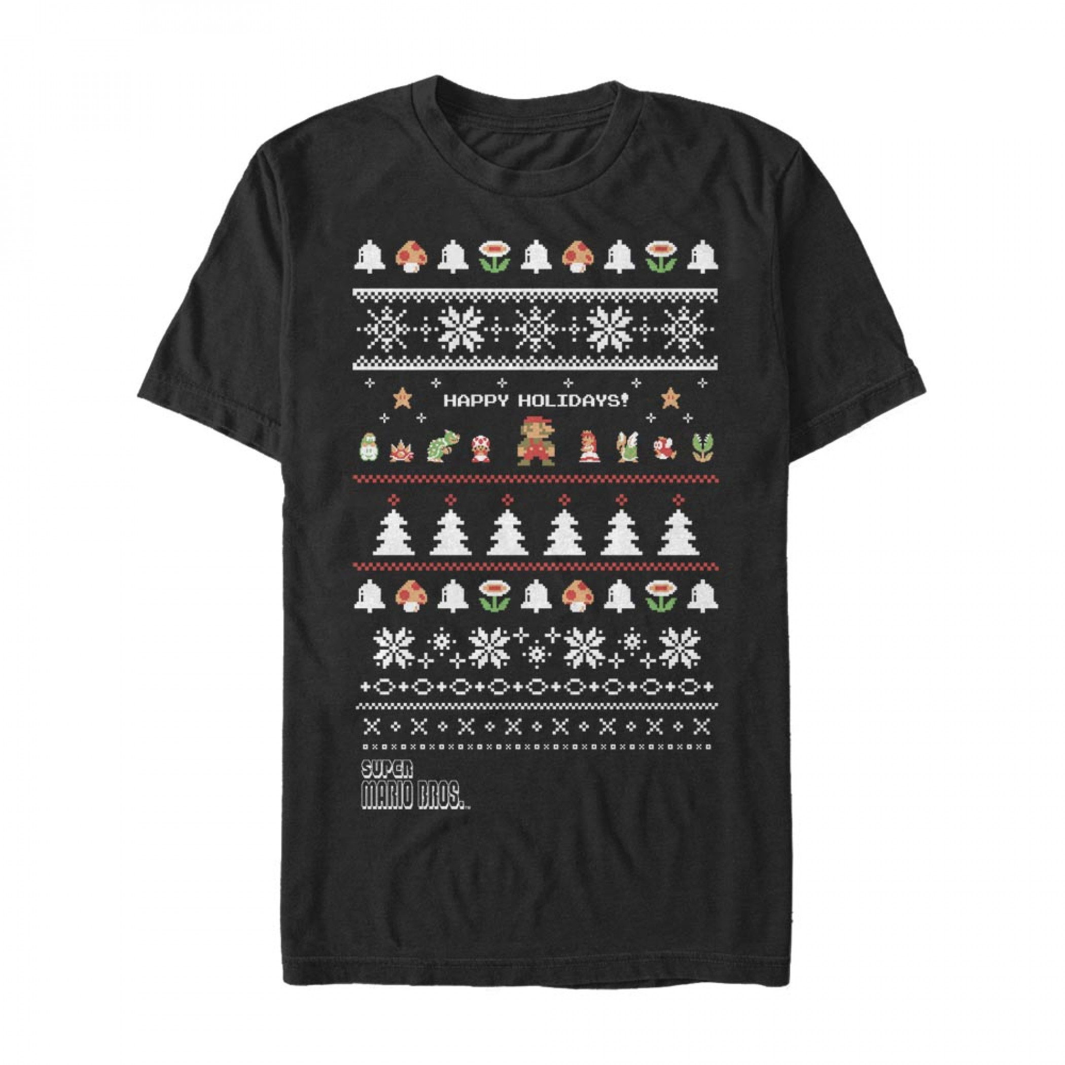 Nintendo Super Mario Bros. Happy Holidays Ugly Sweater Style T-Shirt, Black