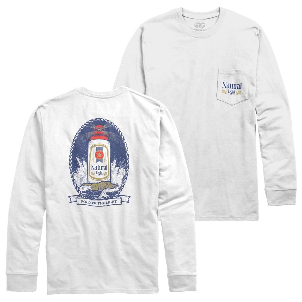 Natural Light Beer Lighthouse Design Long Sleeve Men's White Chest Pocket Shirt