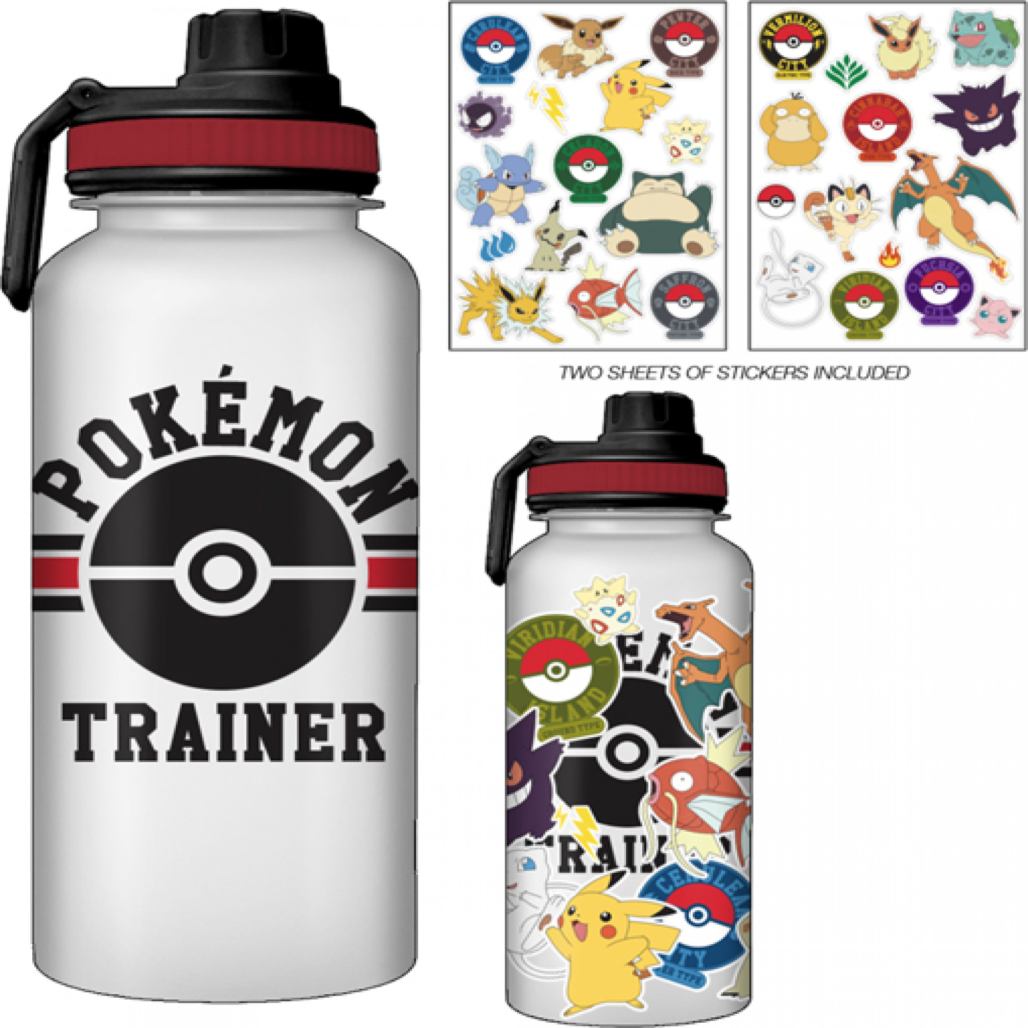 Pokemon Trainer with Various Pokemon 32oz. Twist Bottle & Sticker Set, Red